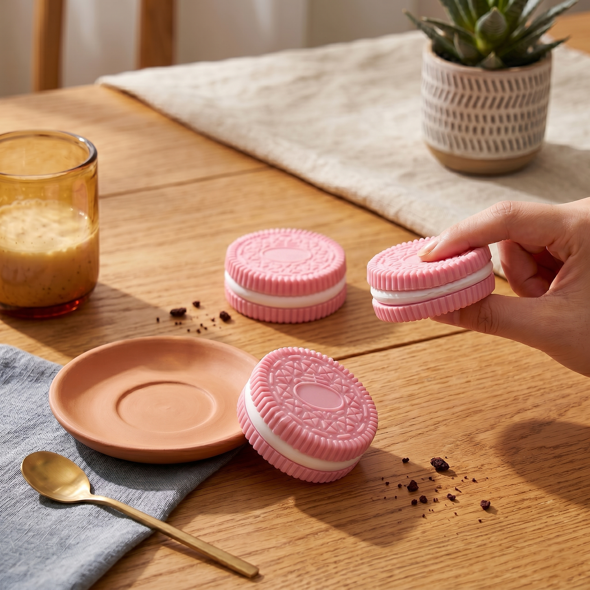 Pink Cookie kawaii squishy toy used as a cute desk accessory or gift idea.