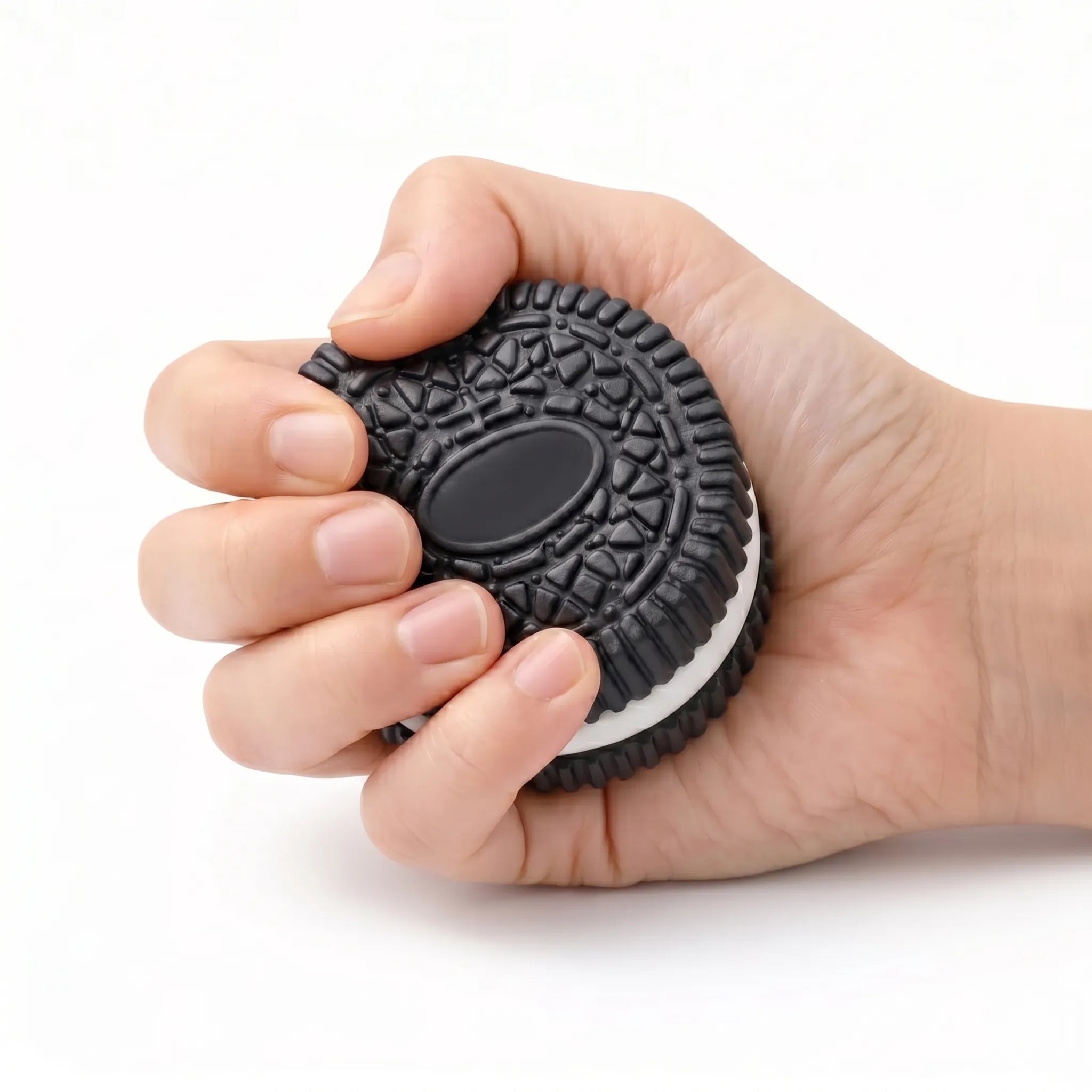 A hand squeezing a Black Cookie showing its slow rising soft texture for stress relief.