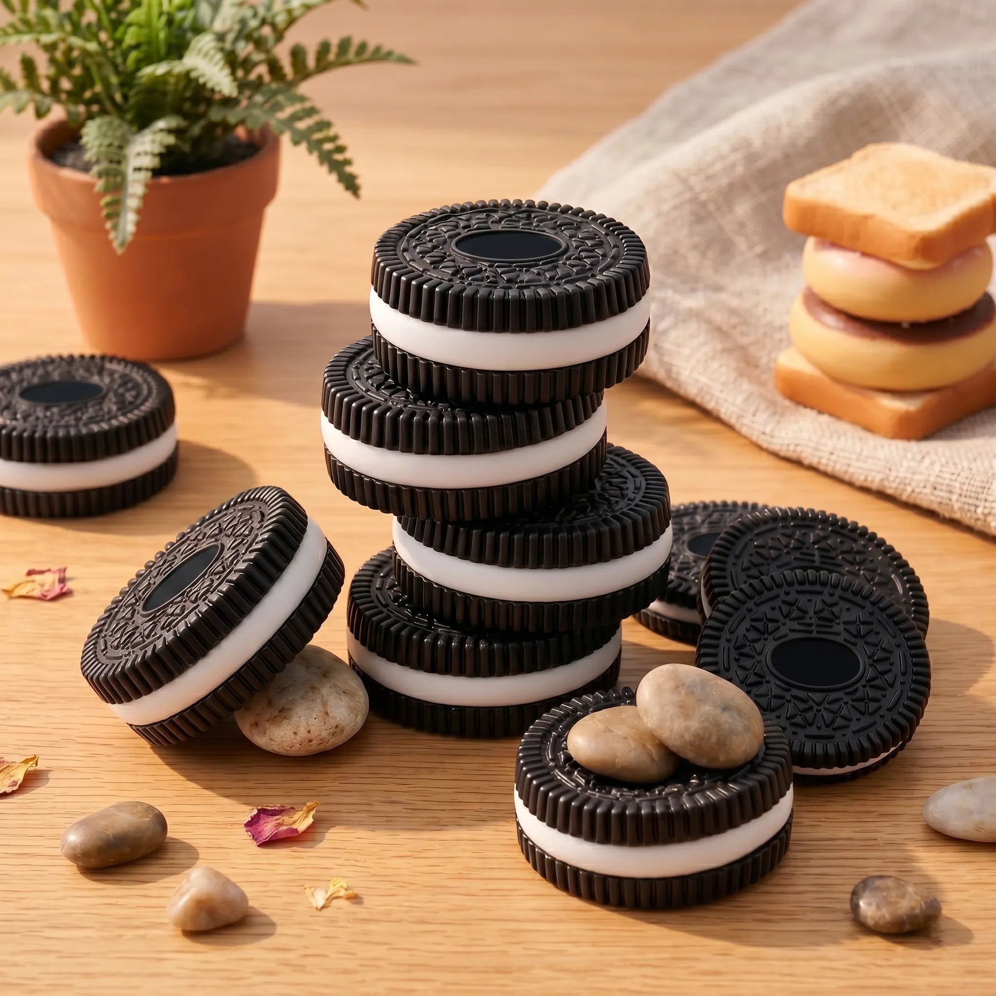 Black Cookie kawaii squishy toy used as a cute desk accessory or gift idea.