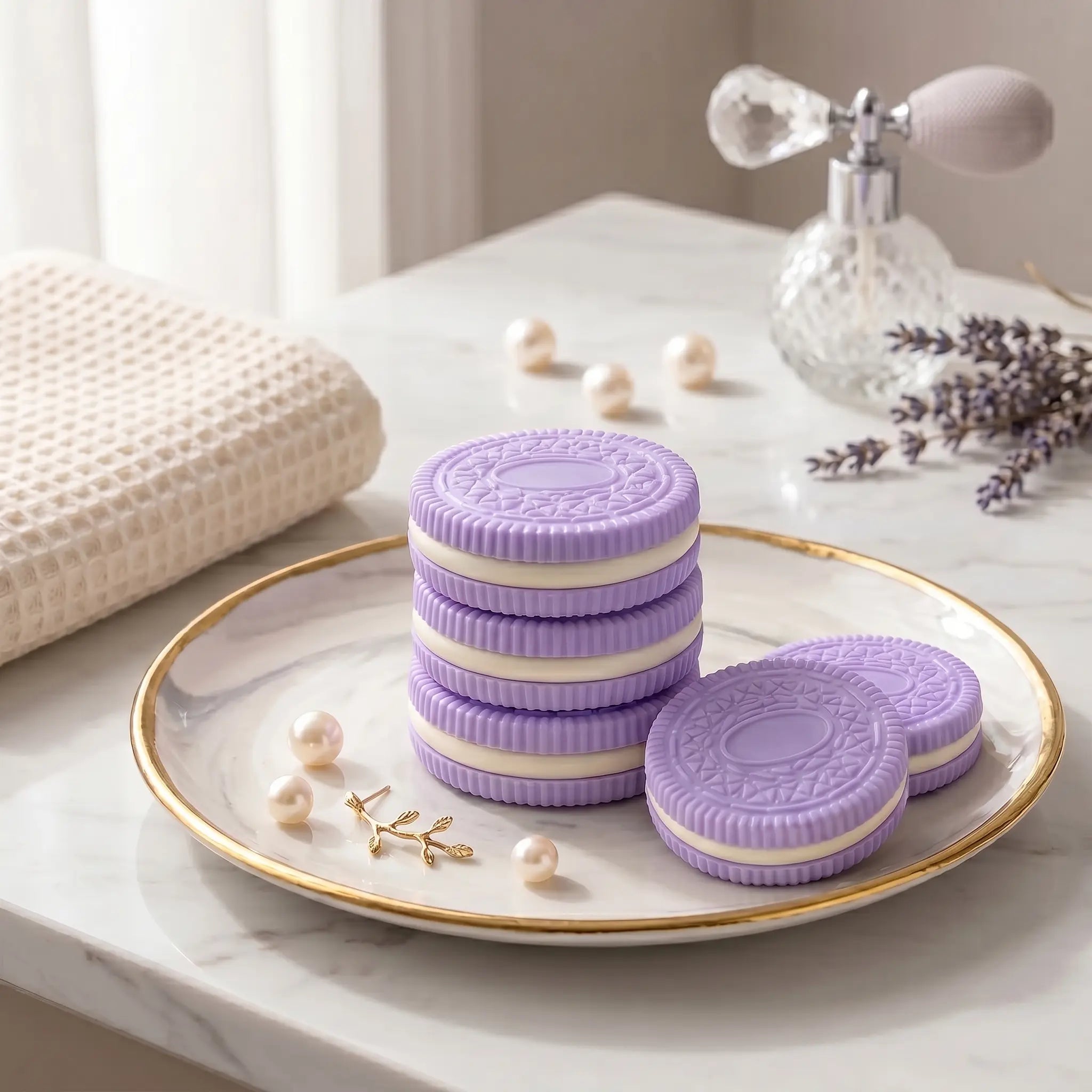 Purple Cookie kawaii squishy toy used as a cute desk accessory or gift idea.