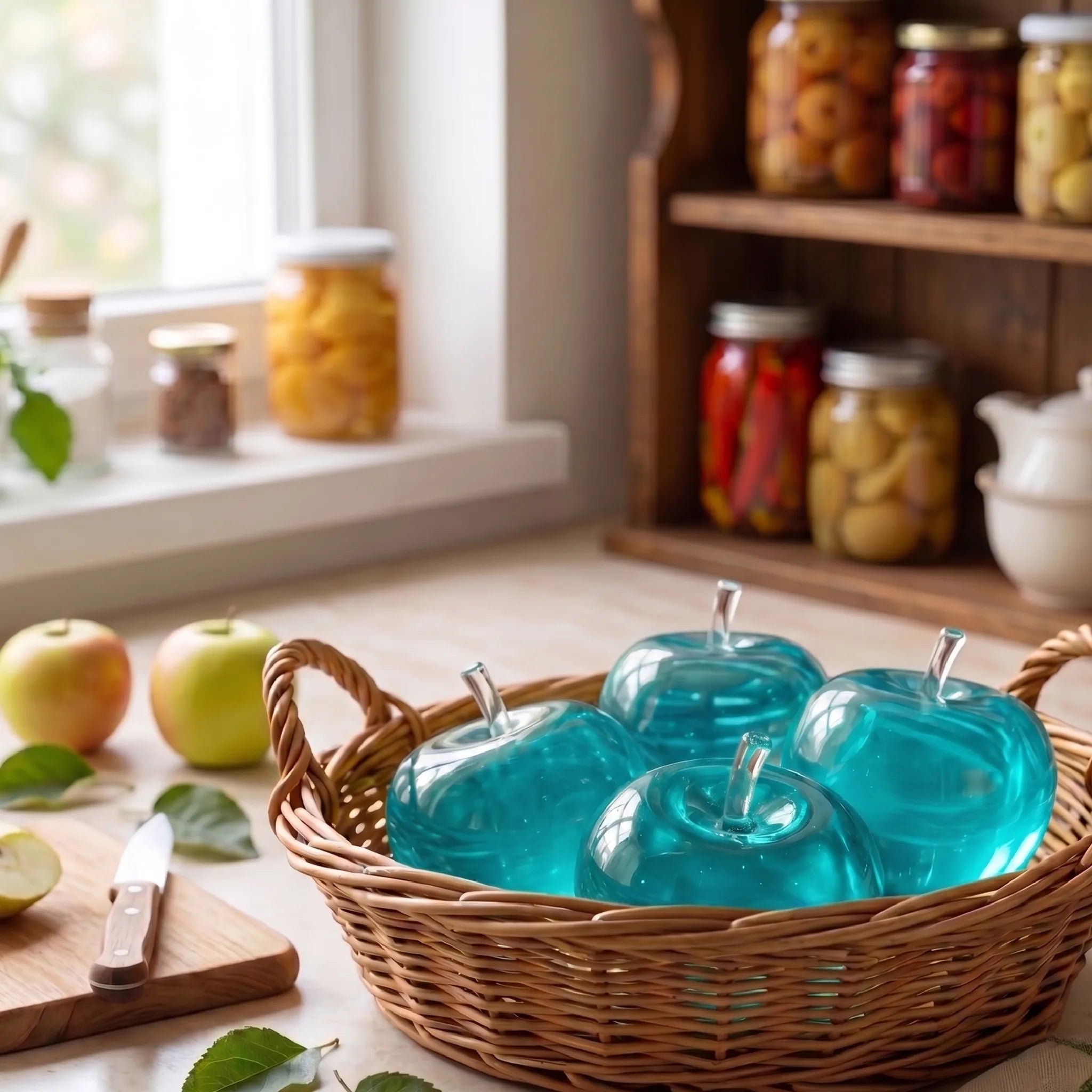 Blue apple squishy displayed on a fresh minimal surface with soft cool lighting around it