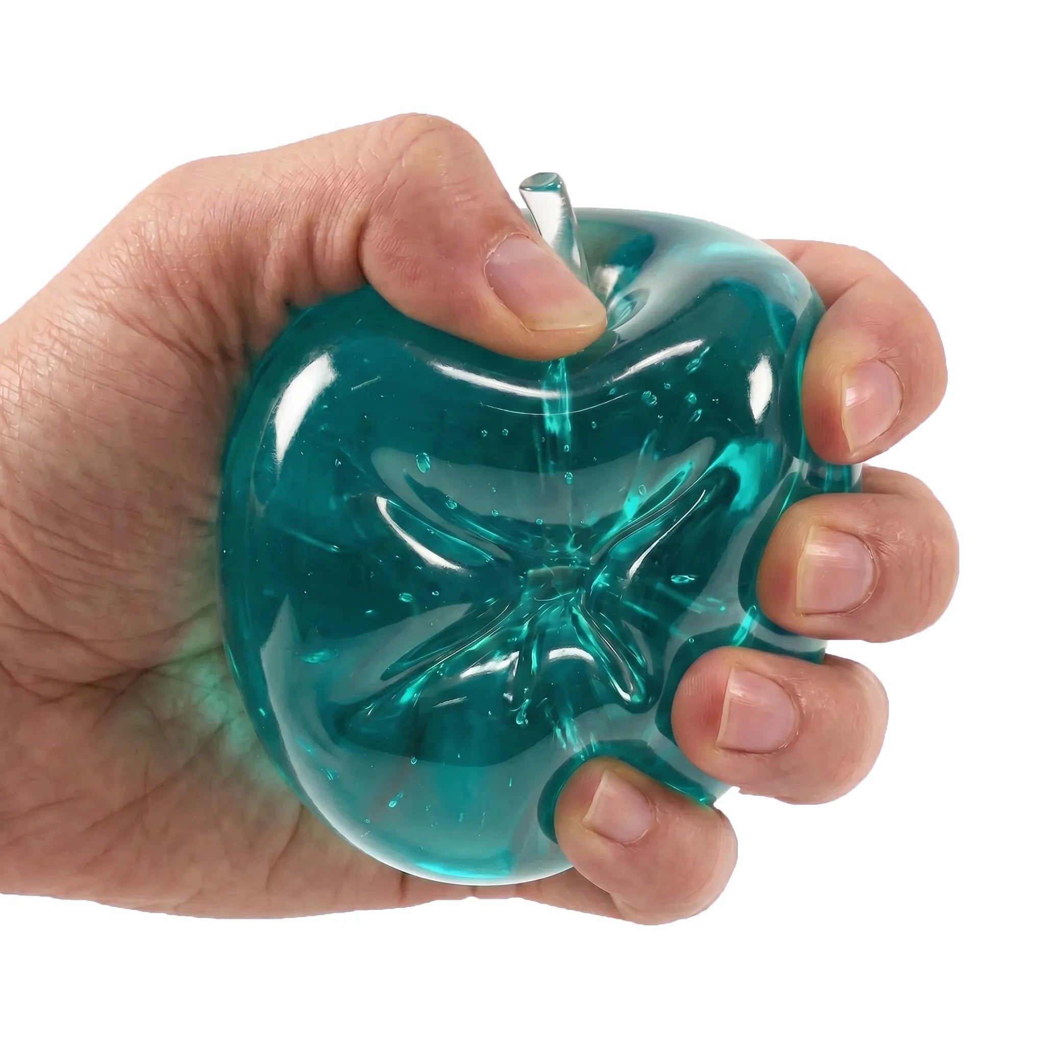 Blue apple squishy toy being pressed and squeezed on white background by MimiSquishy