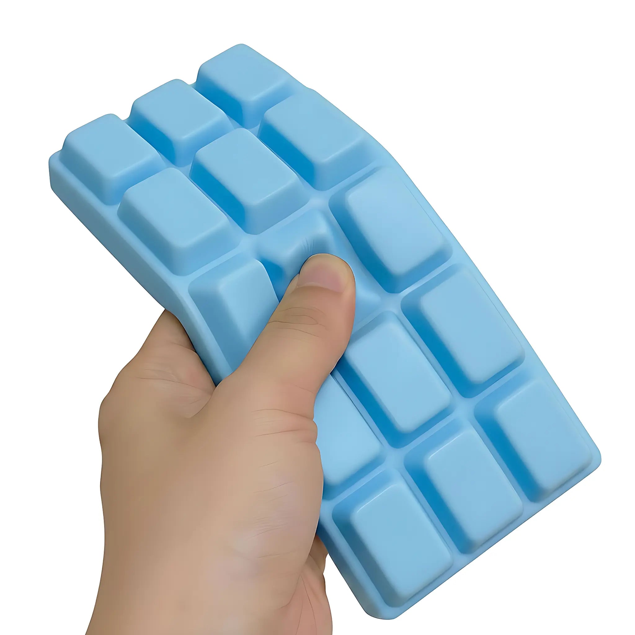 Blue chocolate bar squishy toy being pressed and squeezed on white background by MimiSquishy