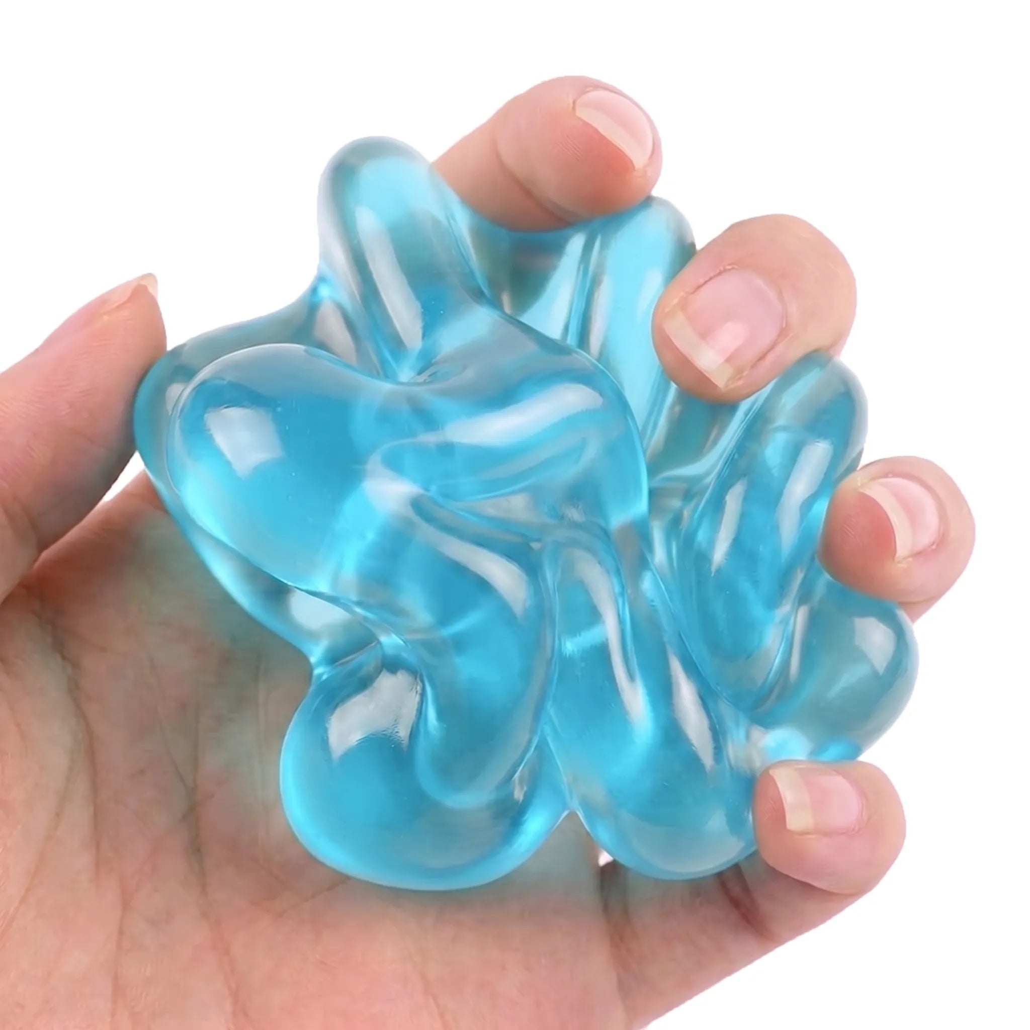 Hands squeezing a translucent blue coconut oil stress ball showing its satisfying texture by MimiSquishy