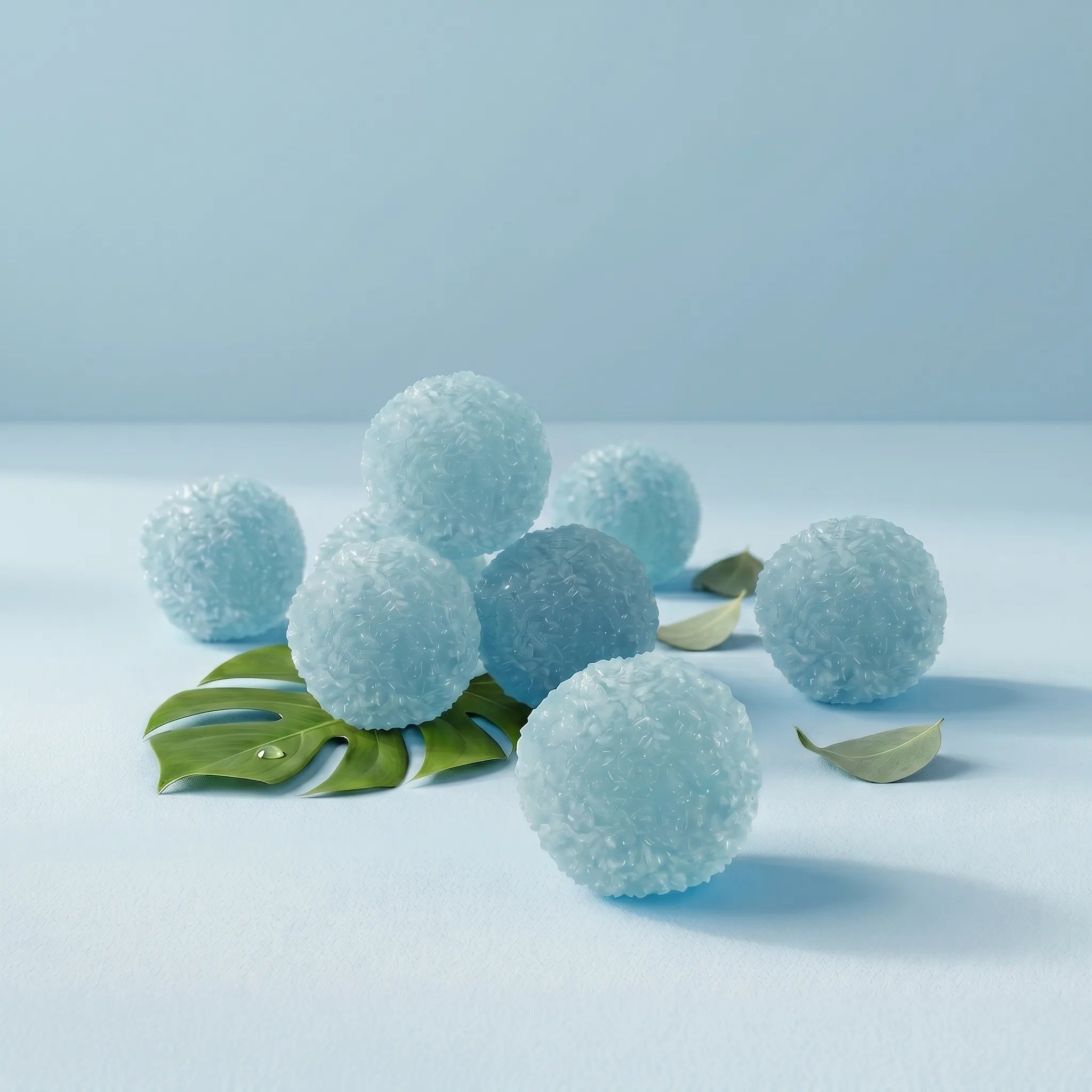Blue crystal mochi ball squishy displayed on a minimal surface with soft cool blue lighting reflecting its crystal texture