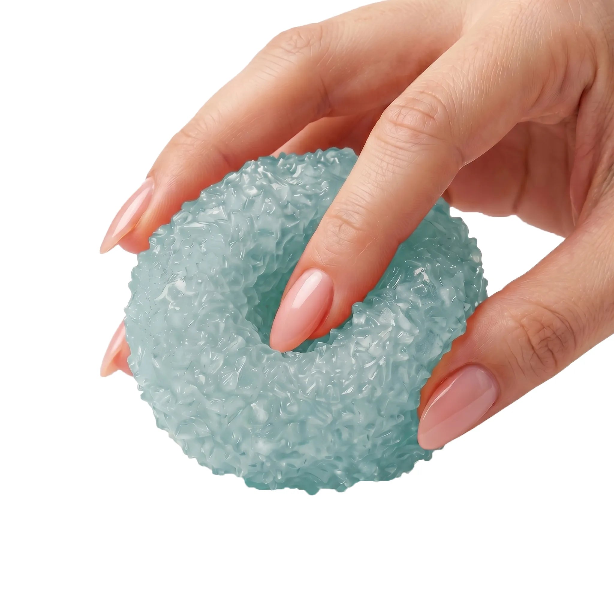 Blue crystal mochi ball squishy toy being pressed and squeezed on white background by MimiSquishy