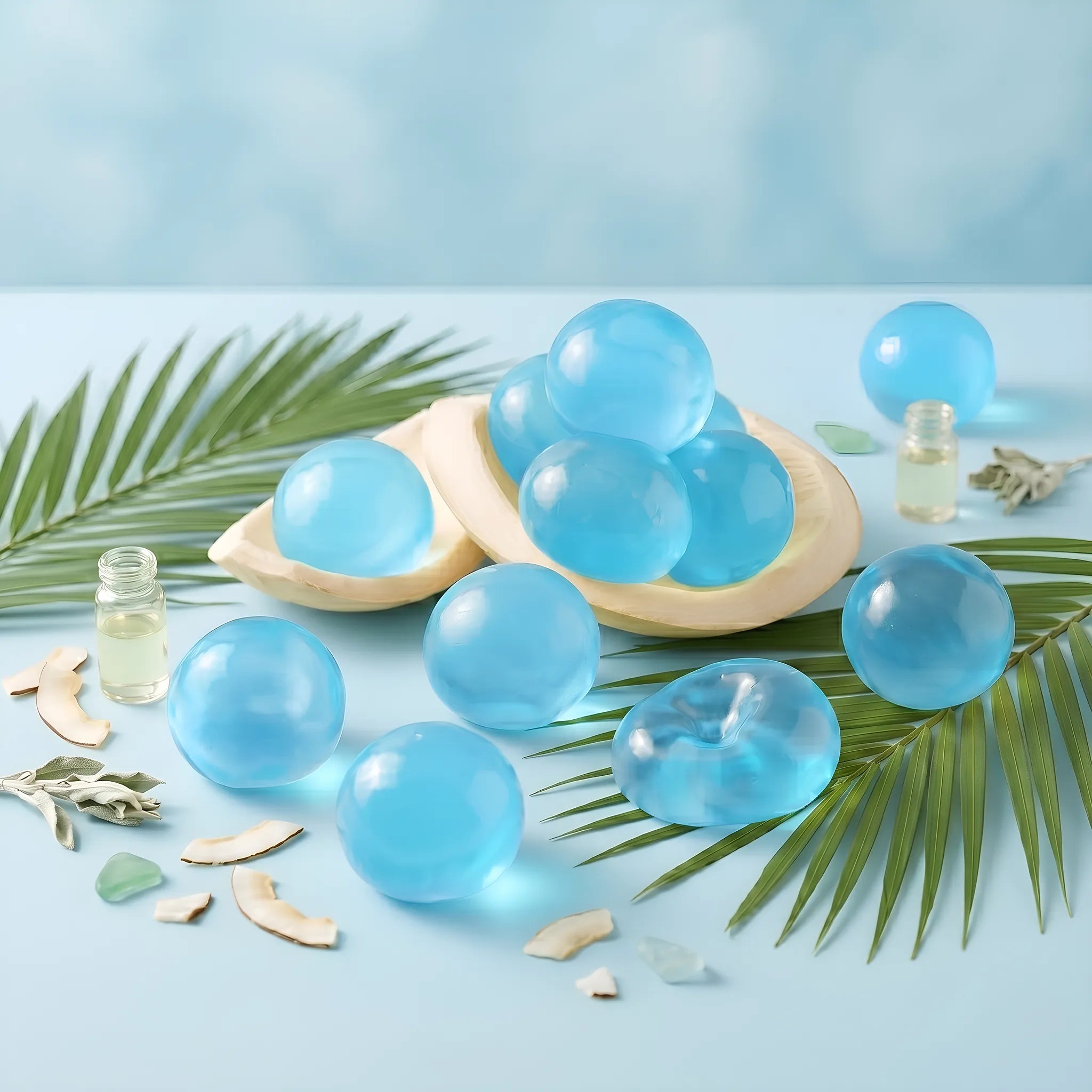 Blue coconut oil stress balls displayed on a minimal blue surface with soft blue lighting around it