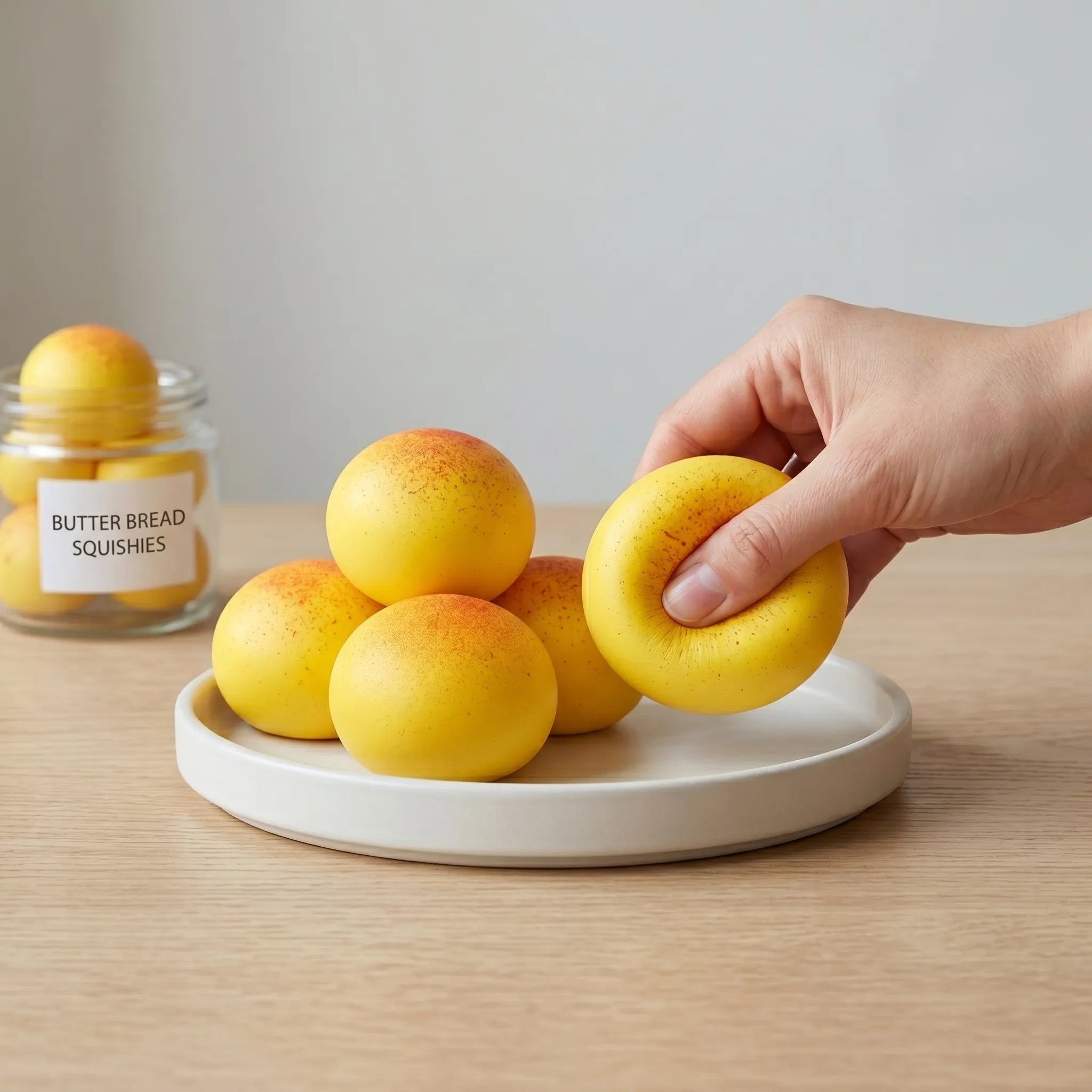 Butter sticky mochi bread squishy displayed on a warm wooden breakfast surface surrounded by bread and butter accessories