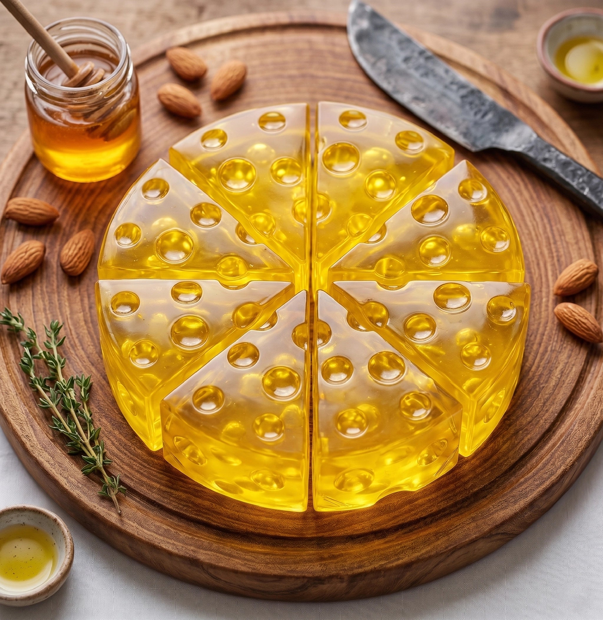 Cheese wedge squishy fidget toy displayed on a wooden plate with everyday accessories