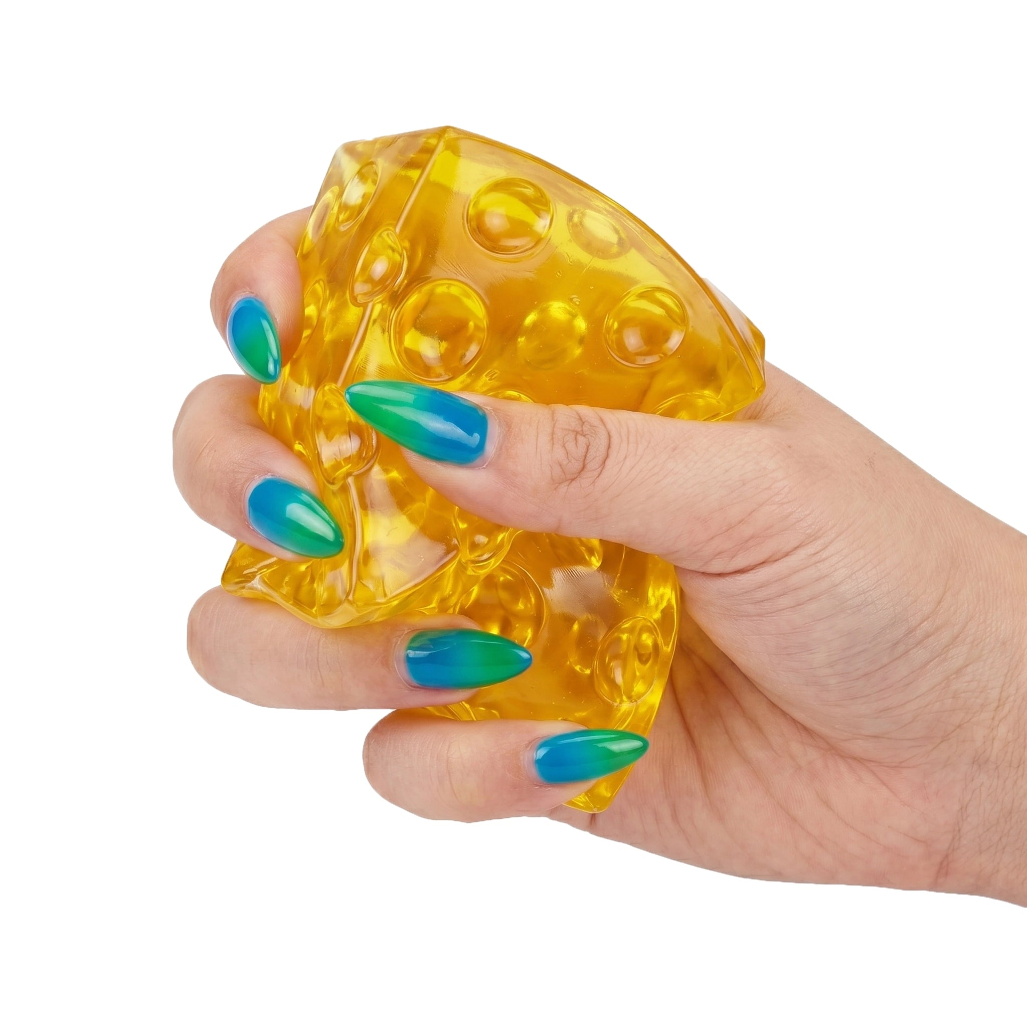 Hands squeezing a soft cheese wedge squishy stress ball by MimiSquishy