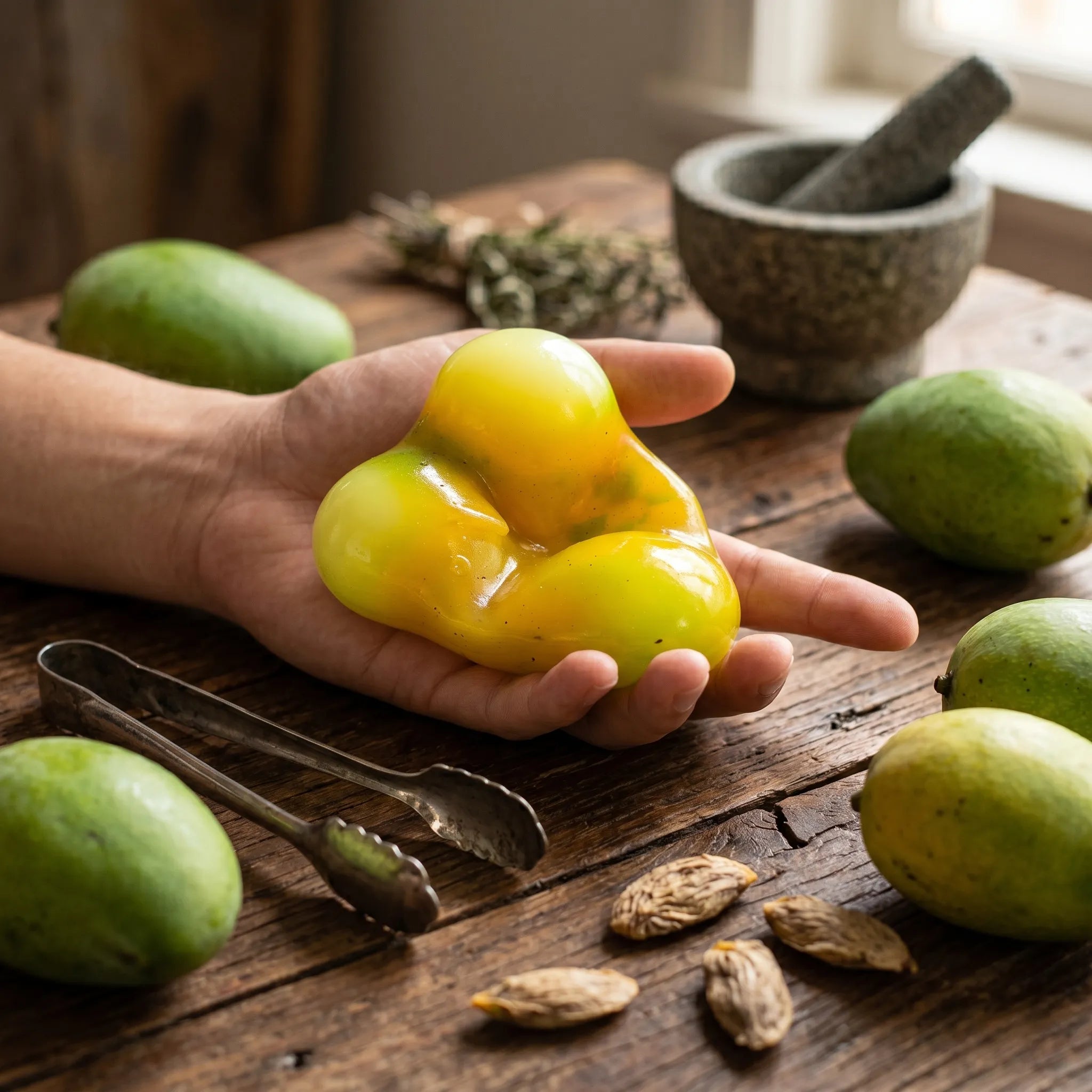 Crunchy color-changing mango squishy displayed on a tropical wooden surface surrounded by fresh mangoes