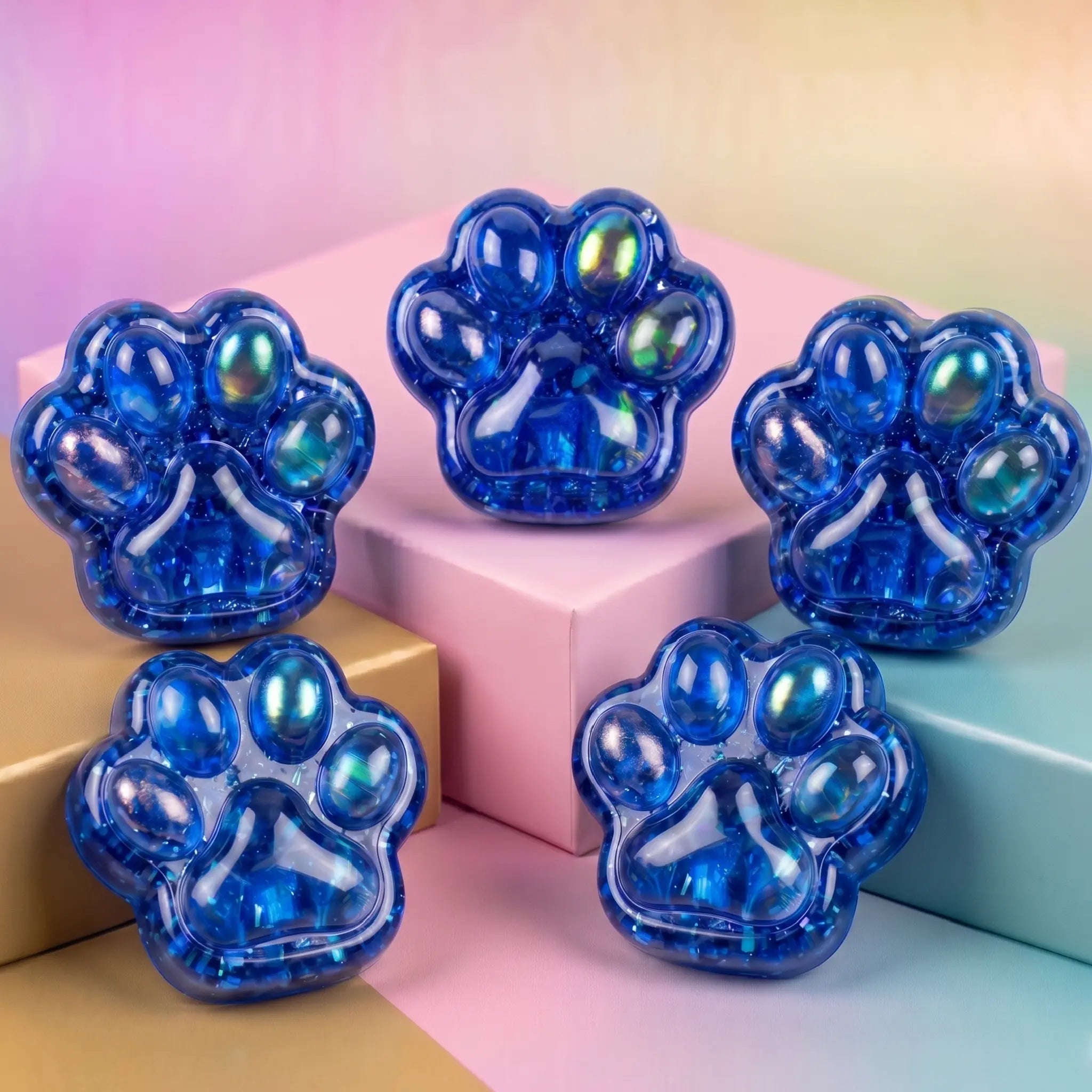 Crystal blue cat's paws taba squishy displayed on a rainbow surface