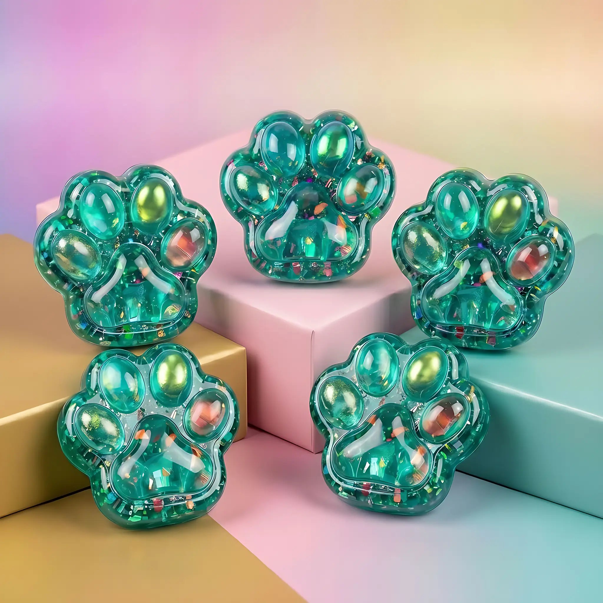 Crystal green cat paw taba squishy displayed on a rainbow surface