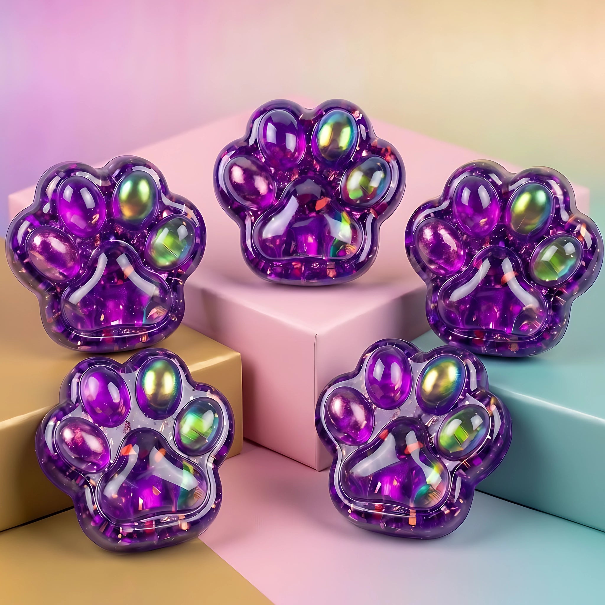Crystal purple cat paw taba squishy displayed on a rainbow surface