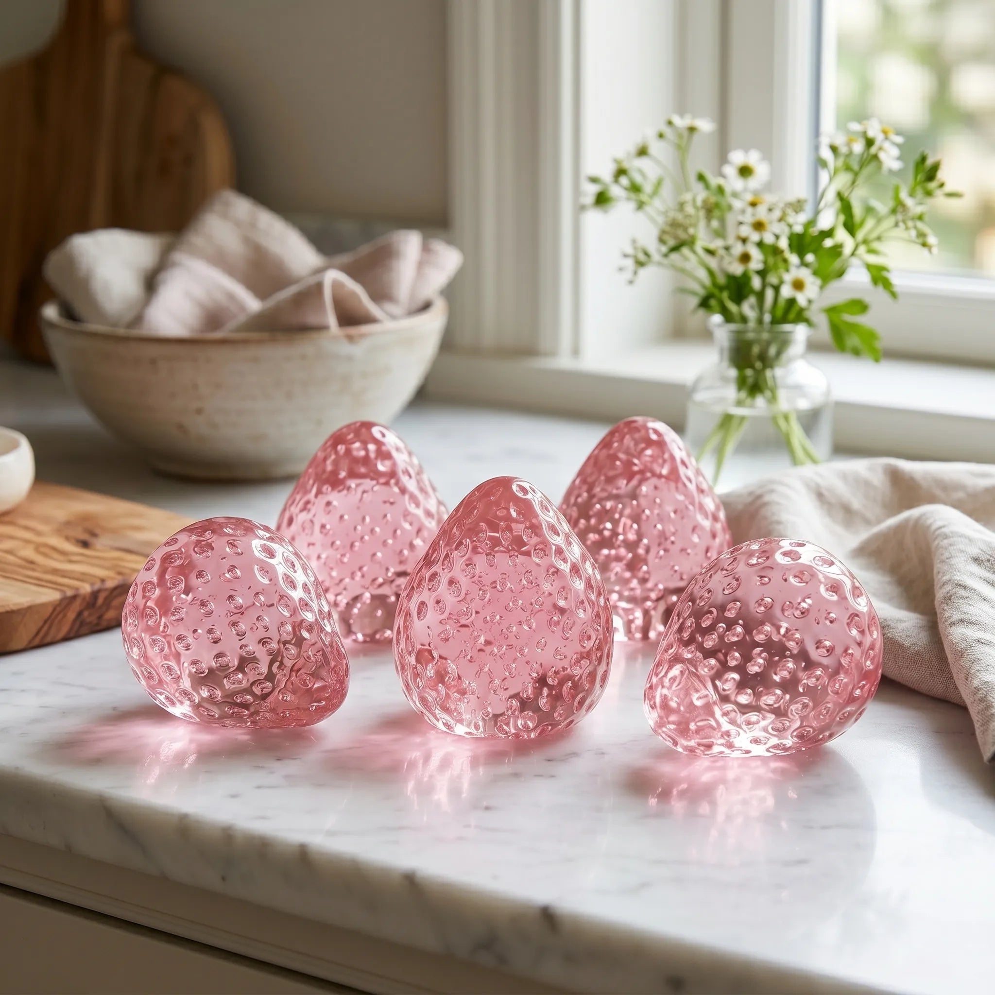 Crystal pink strawberry taba squishy displayed on a marble surface with fresh strawberries around it