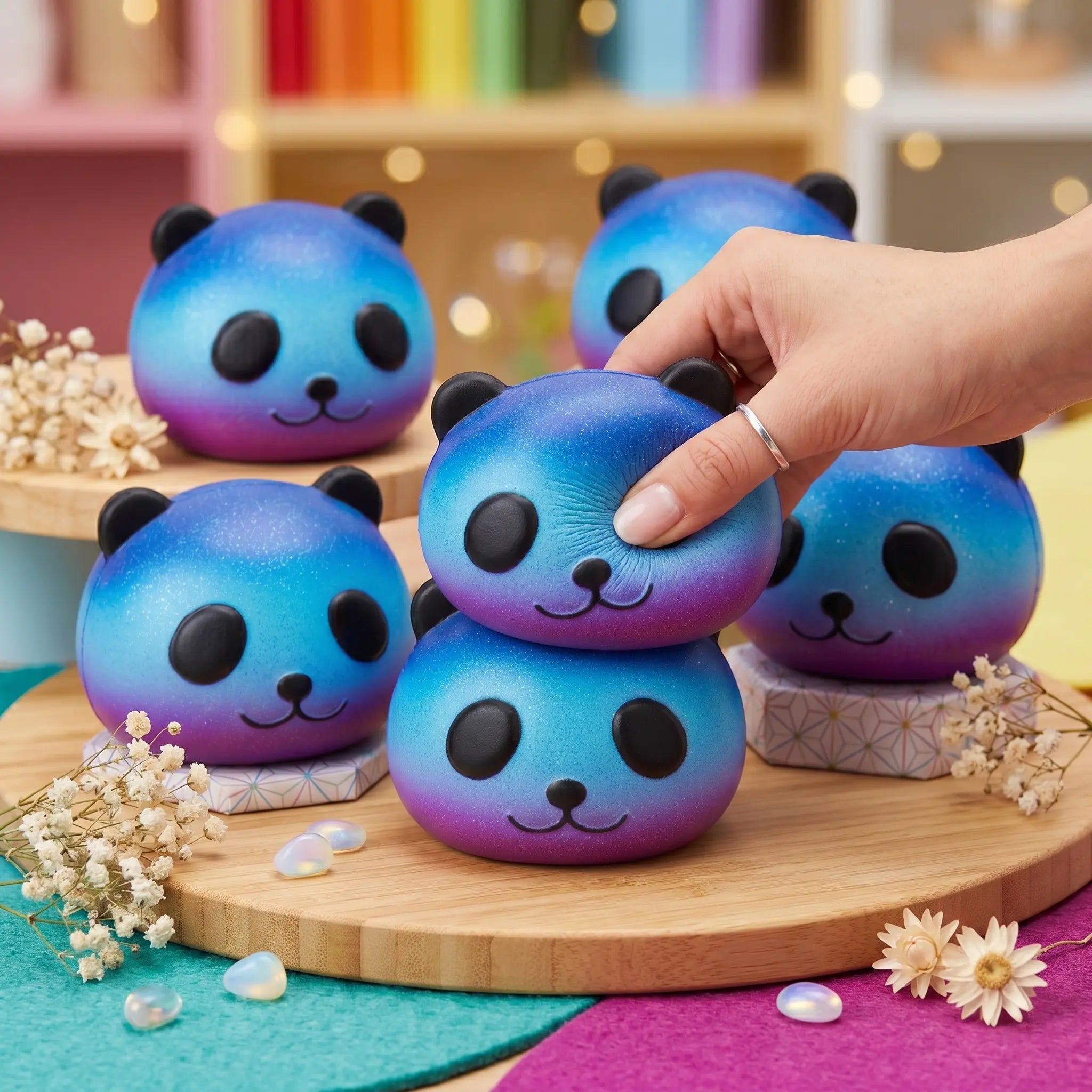 Galaxy pandas squishies displayed on a wooden surface