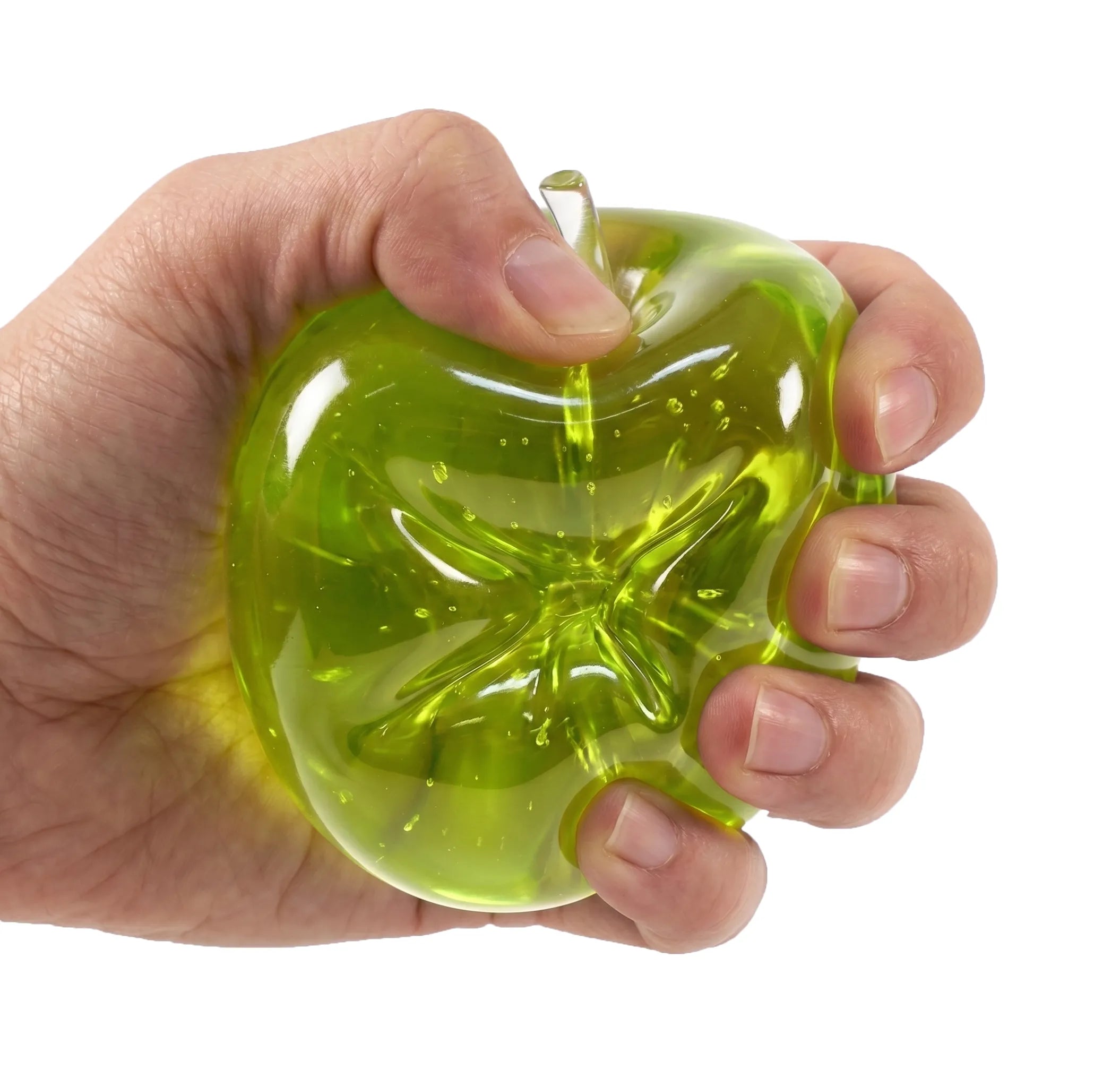 Hands squeezing a soft green apple squishy stress ball by MimiSquishy