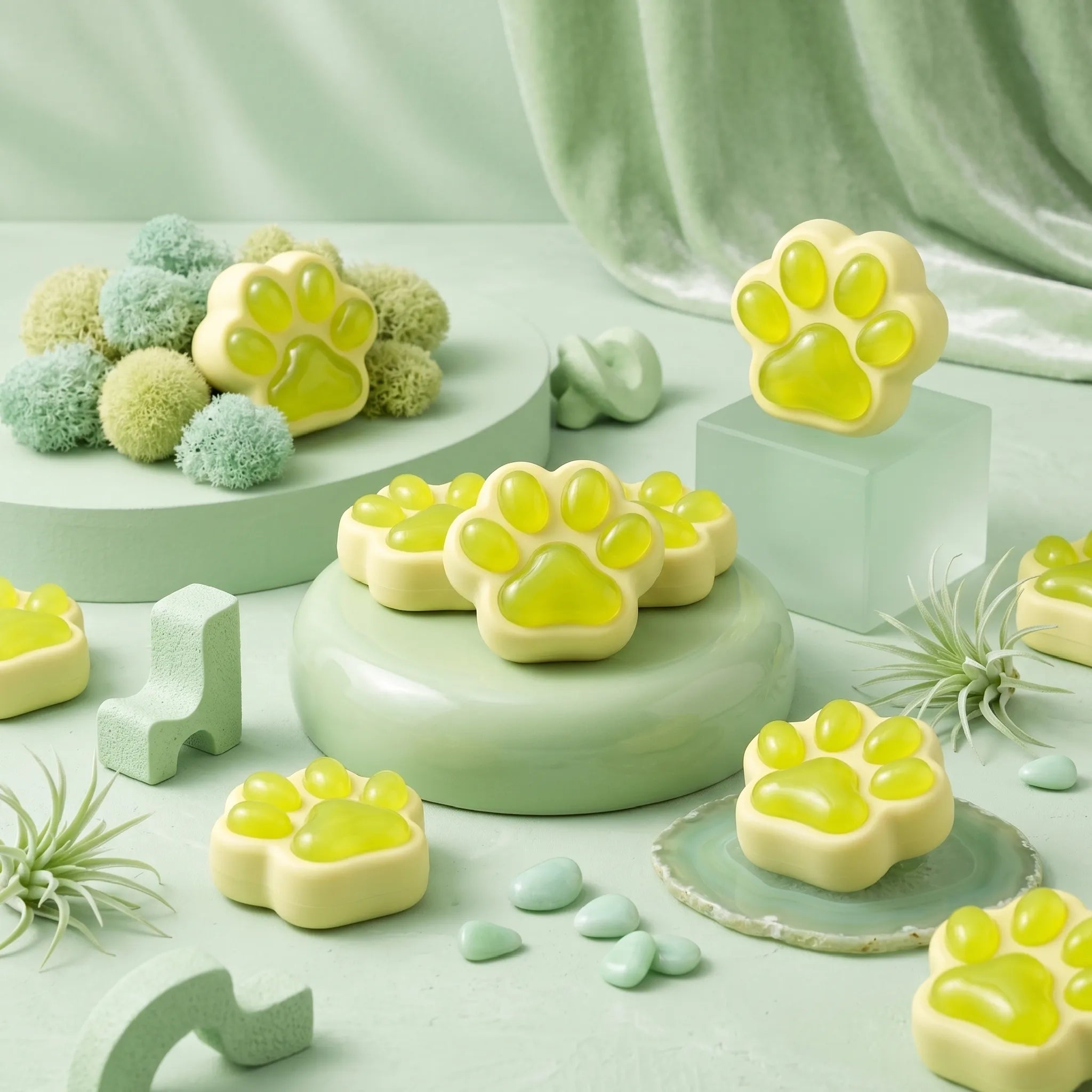 Green cat paw squishy displayed on a fresh botanical surface surrounded by green leaves and natural accessories