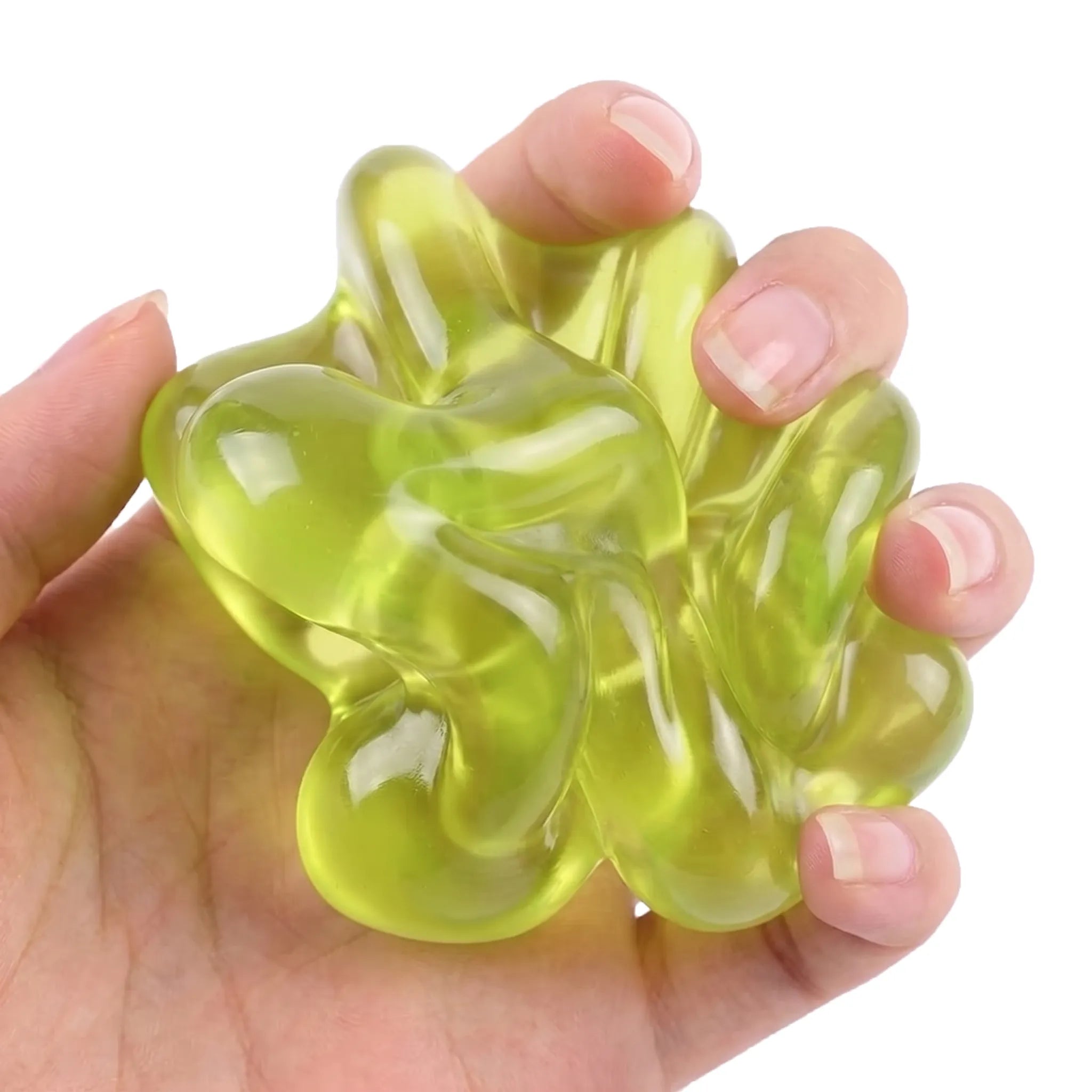 Hands squeezing a translucent green coconut oil stress ball showing its satisfying texture by MimiSquishy