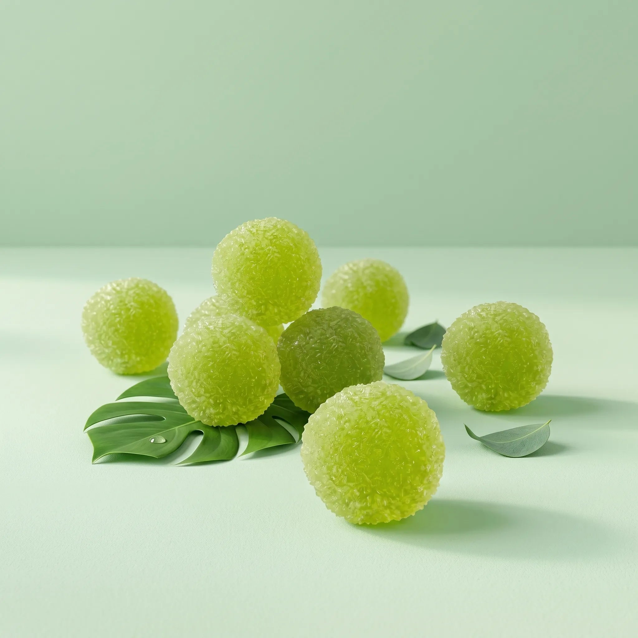 Green crystal mochi ball squishy displayed on a minimal surface with soft green lighting reflecting its crystal texture