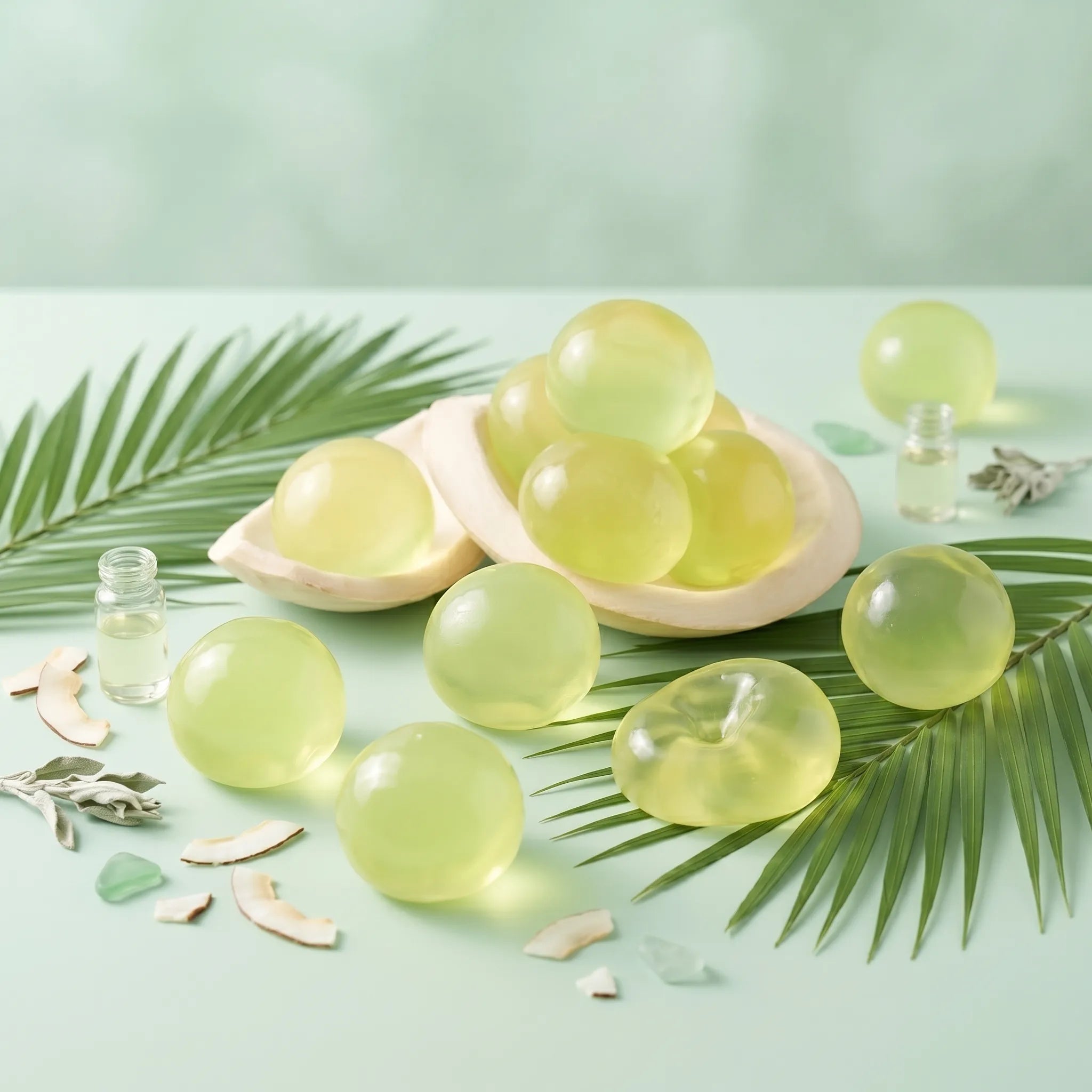 Green coconut oil stress ball displayed on a minimal green surface with soft green lighting around it