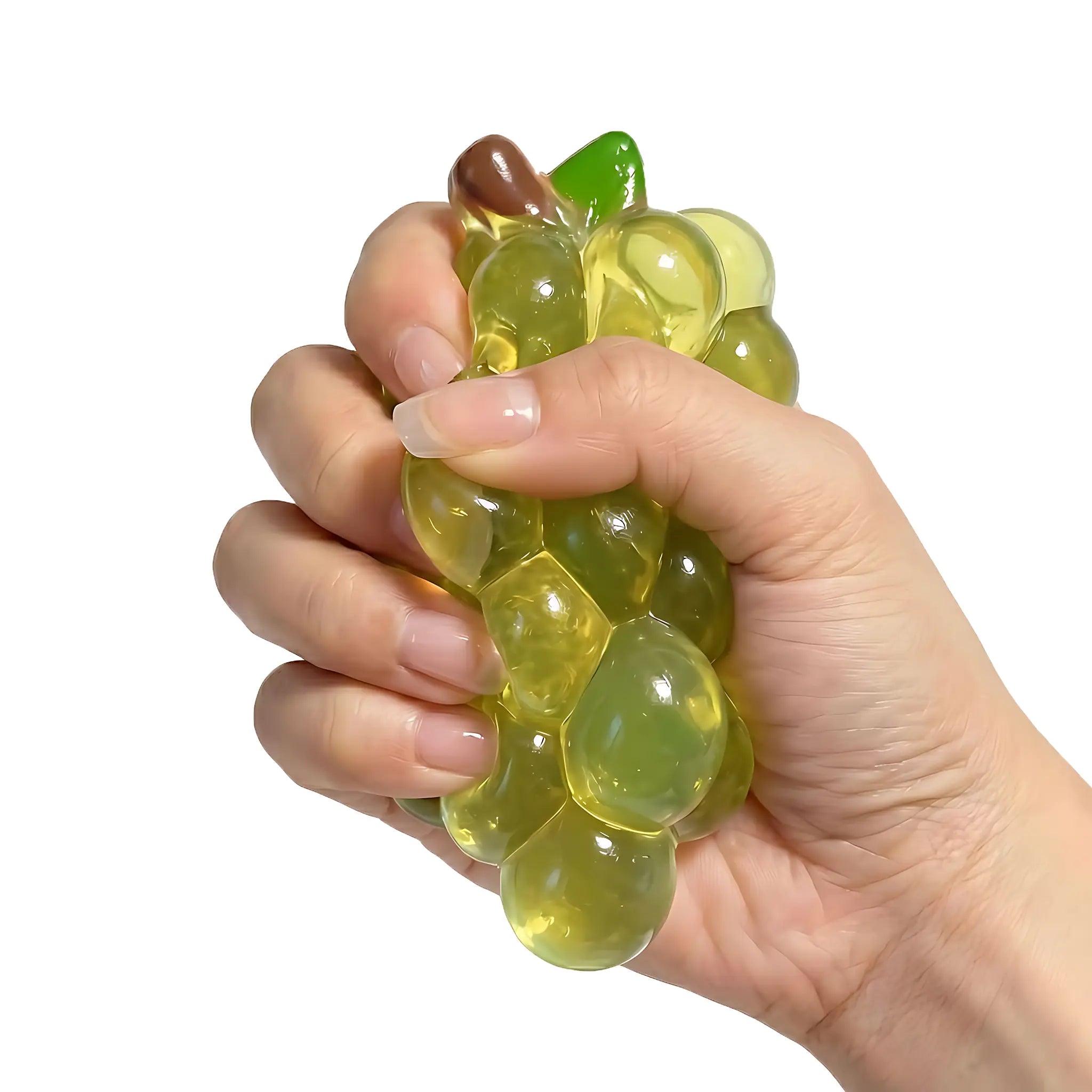 Green grape bunch squishy toy being pressed and squeezed on white background by MimiSquishy
