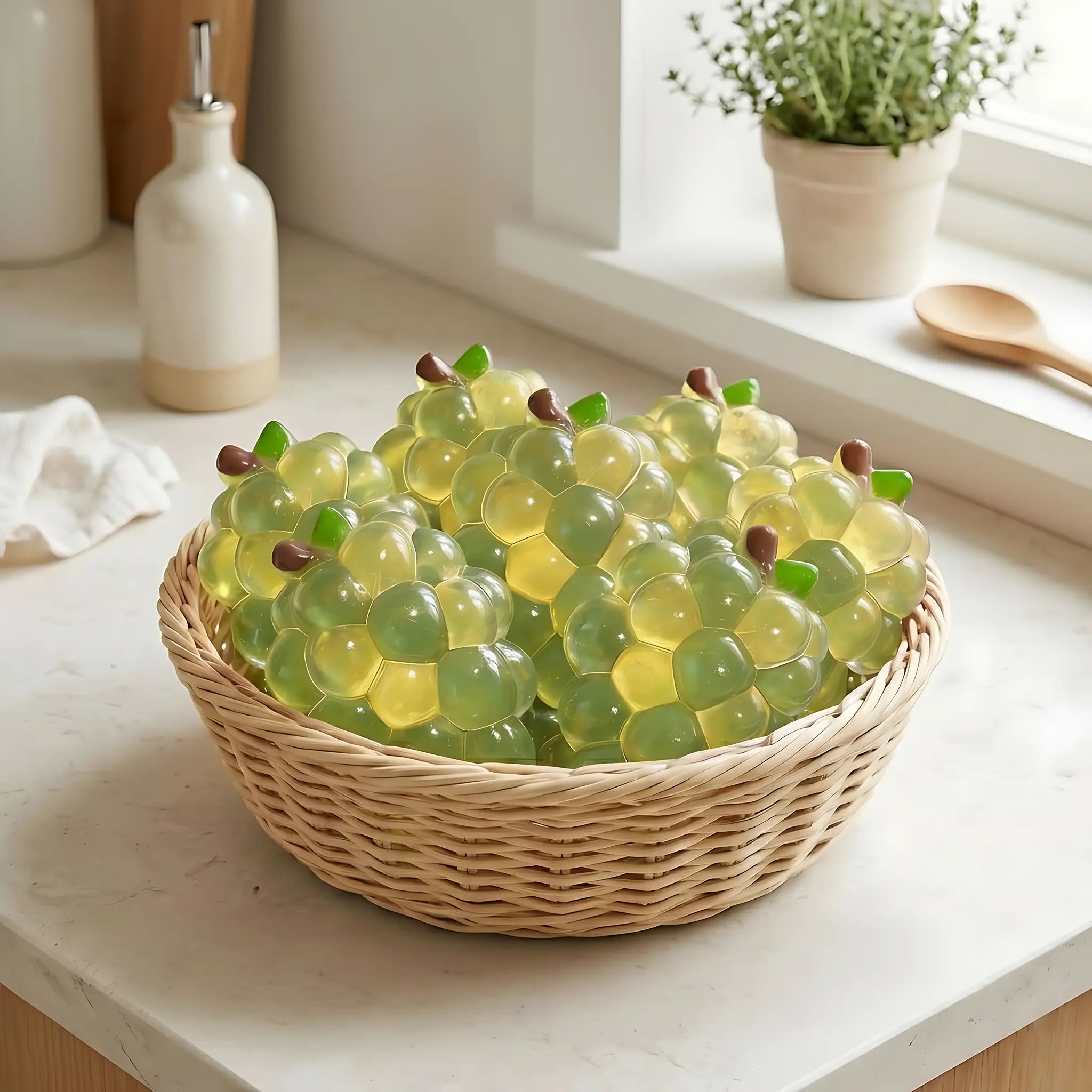 Green grape bunch squishy displayed on a marble surface