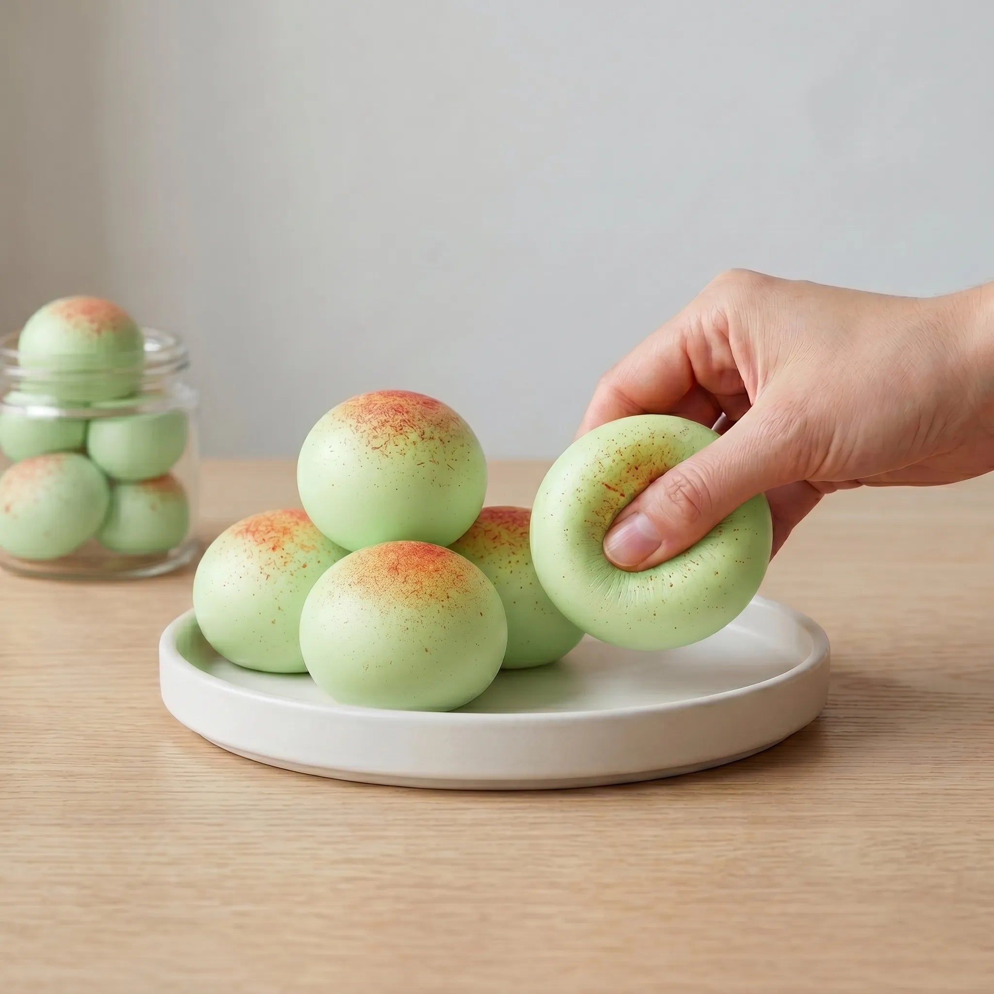 Green sticky mochi bread squishies displayed on a wooden surface