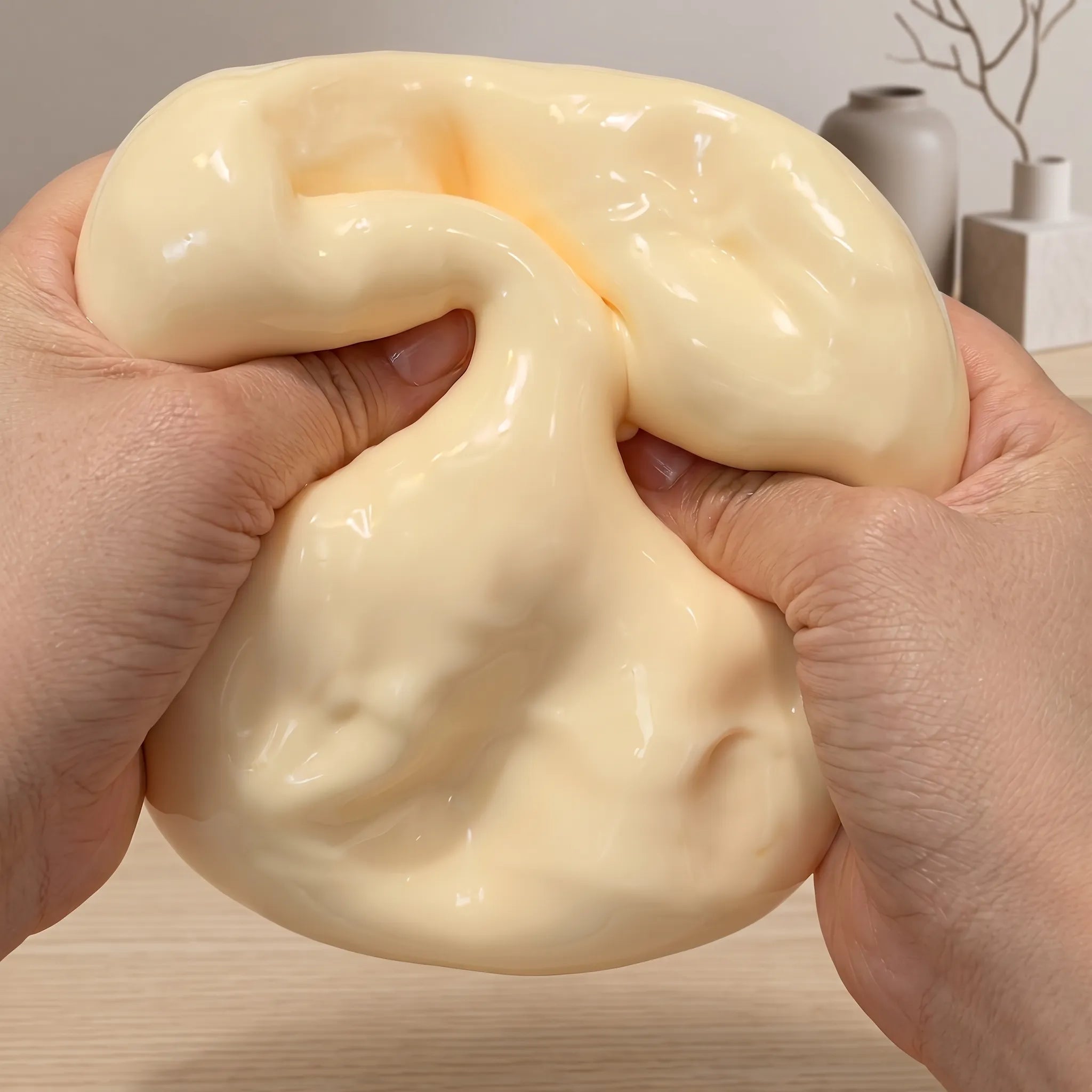 Jumbo cheese cube squishy fidget toy displayed on a wooden desk