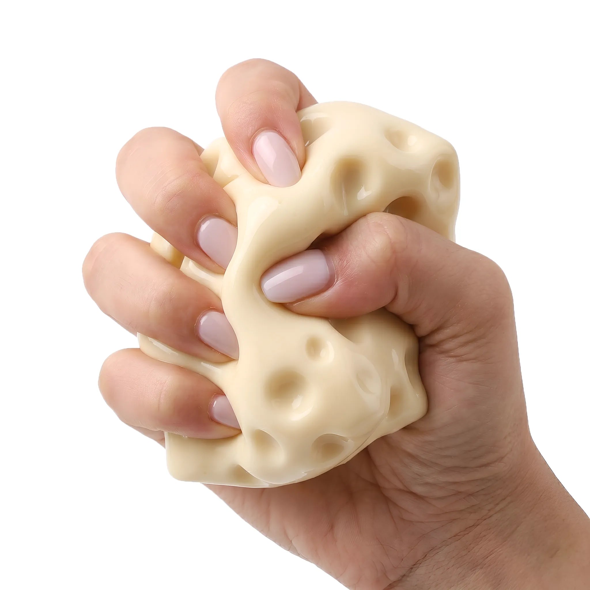 Hands squeezing a large soft cheese cube squishy stress ball by MimiSquishy