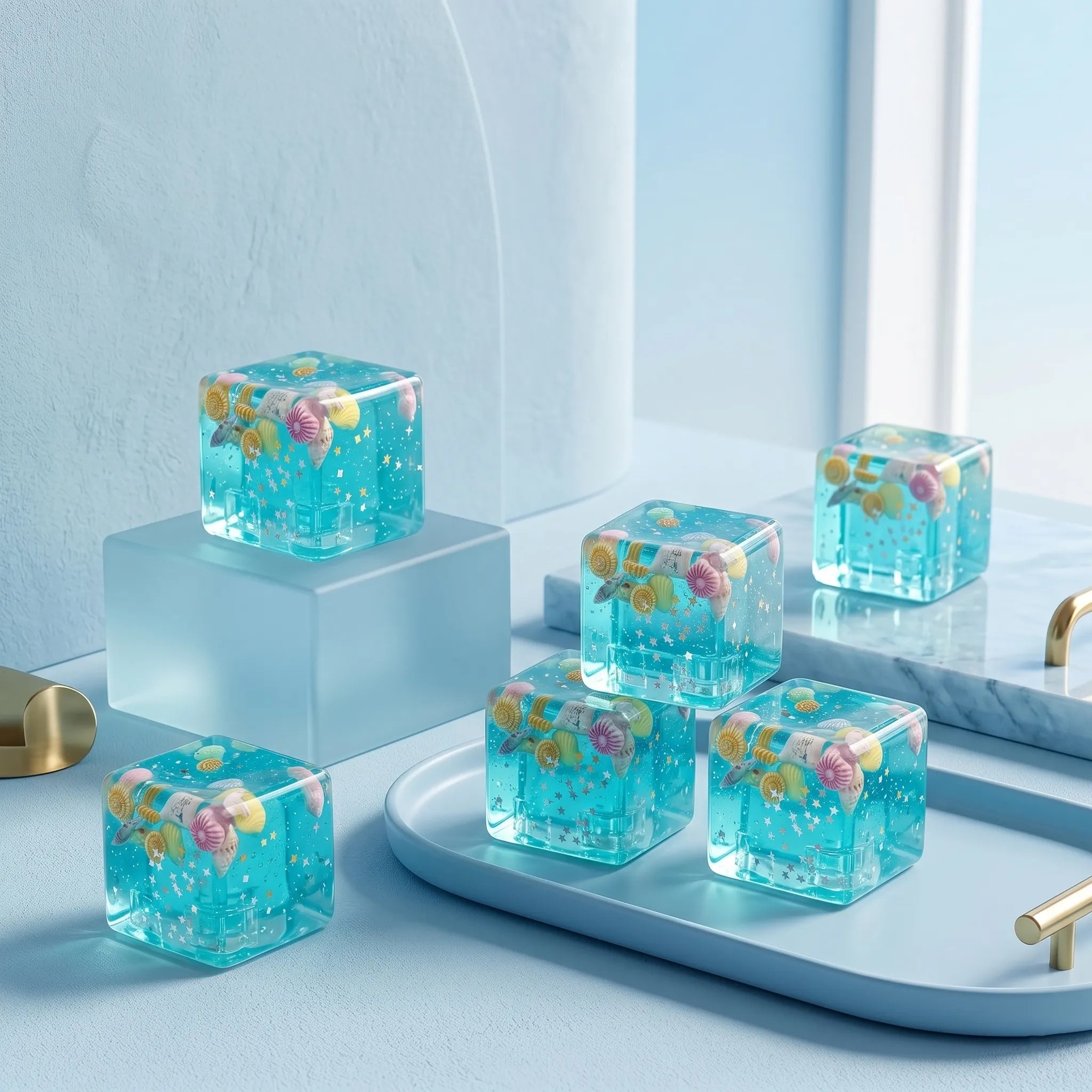 Ocean cube squishy displayed on a blue surface
