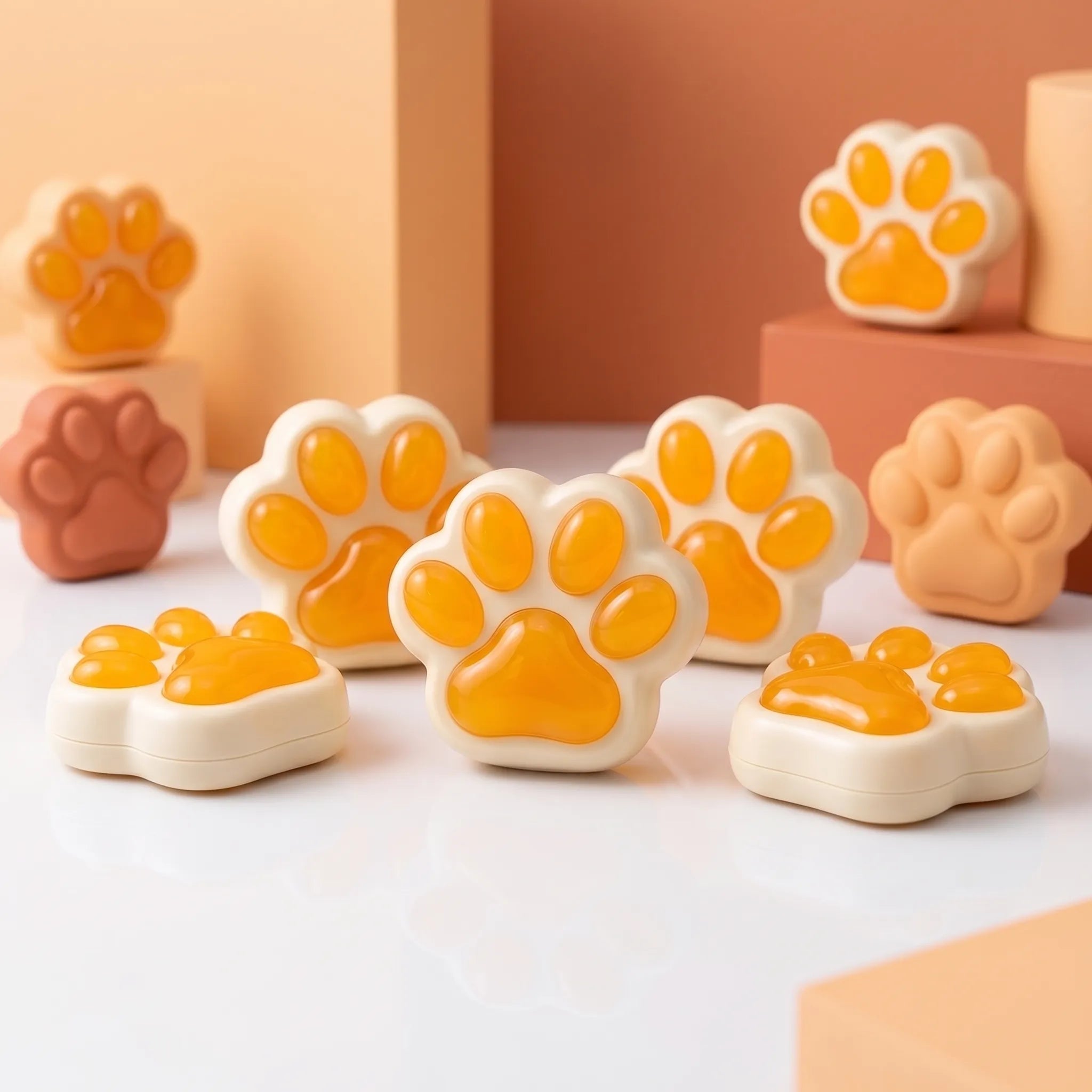 Orange cat paw squishy displayed on a surface surrounded by fresh oranges and autumn accessories