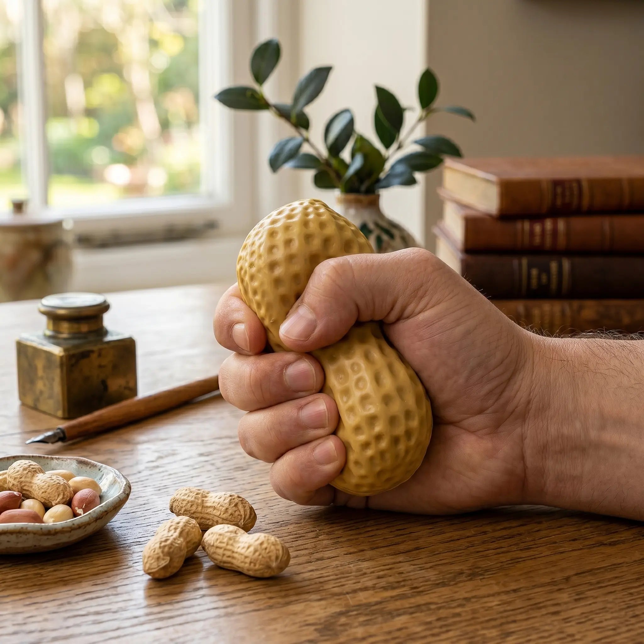 Big peanut squishy fidget toy displayed on a wooden desk with everyday accessories