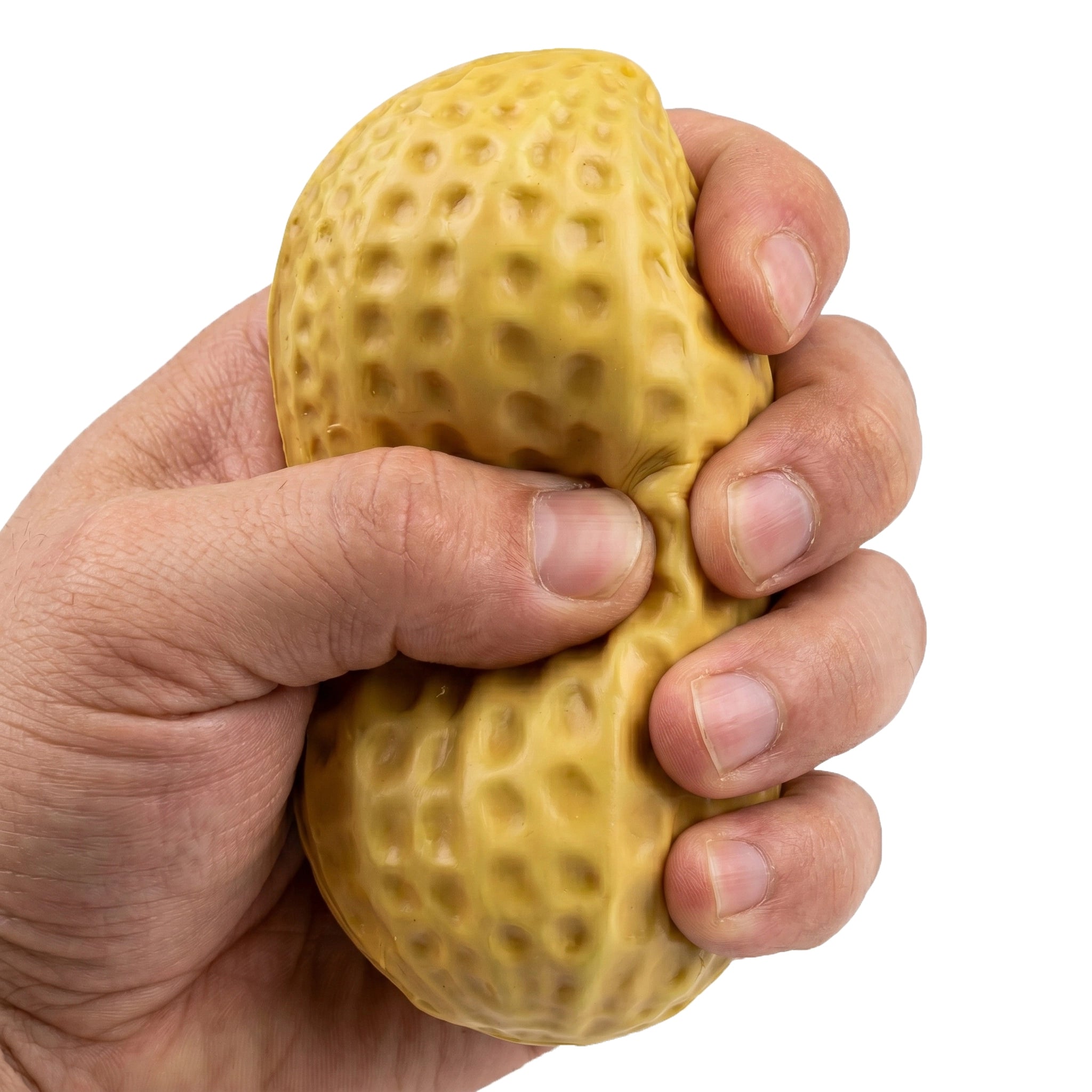 Hands squeezing a large soft peanut squishy stress ball by MimiSquishy