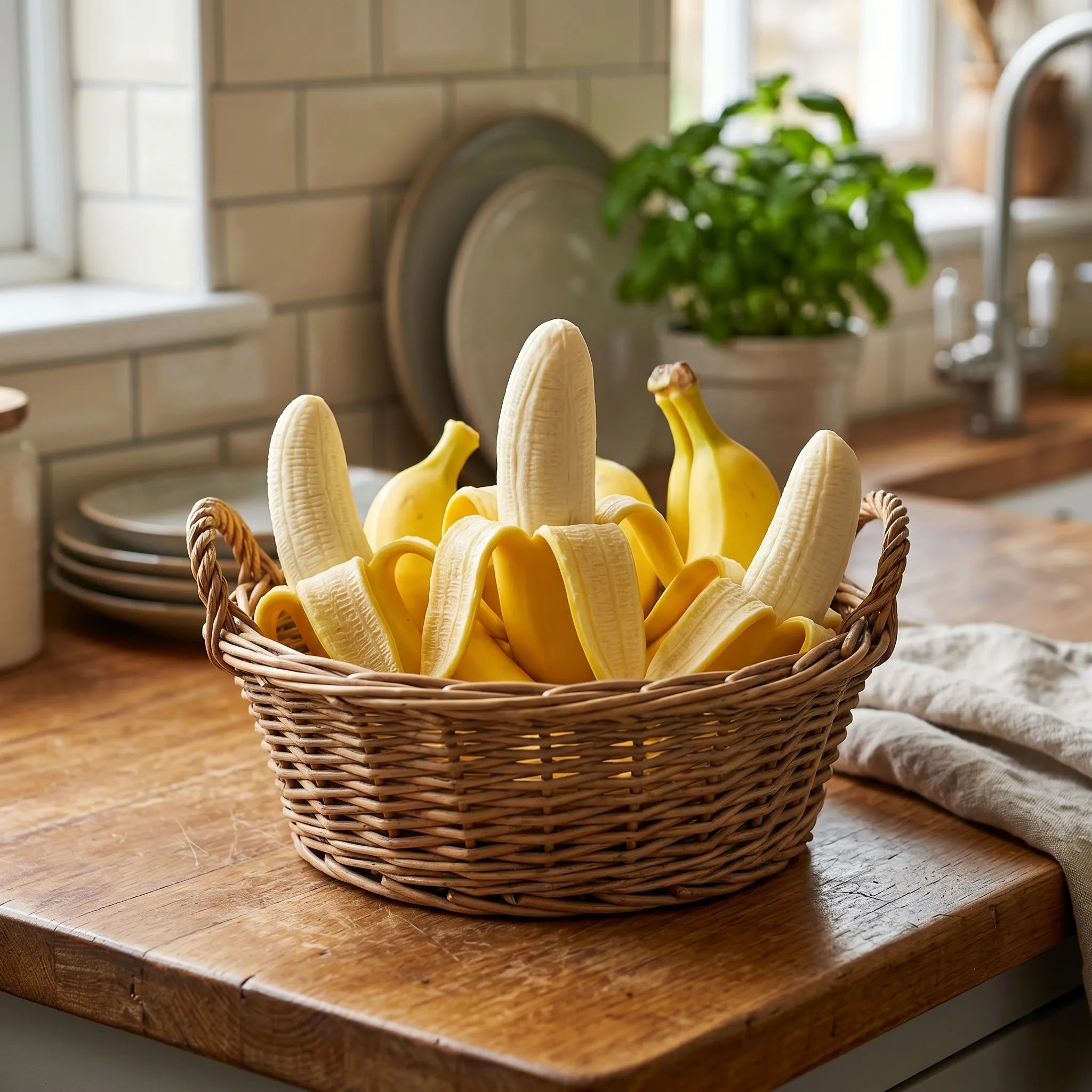 Peeled banana squishy displayed on a wooden surface surrounded by fresh bananas and accessories