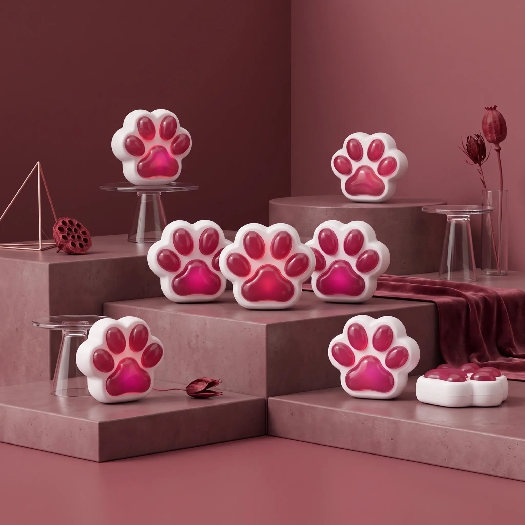 Pink cat paw squishy displayed on a soft pastel surface surrounded by pink flowers and cute accessories