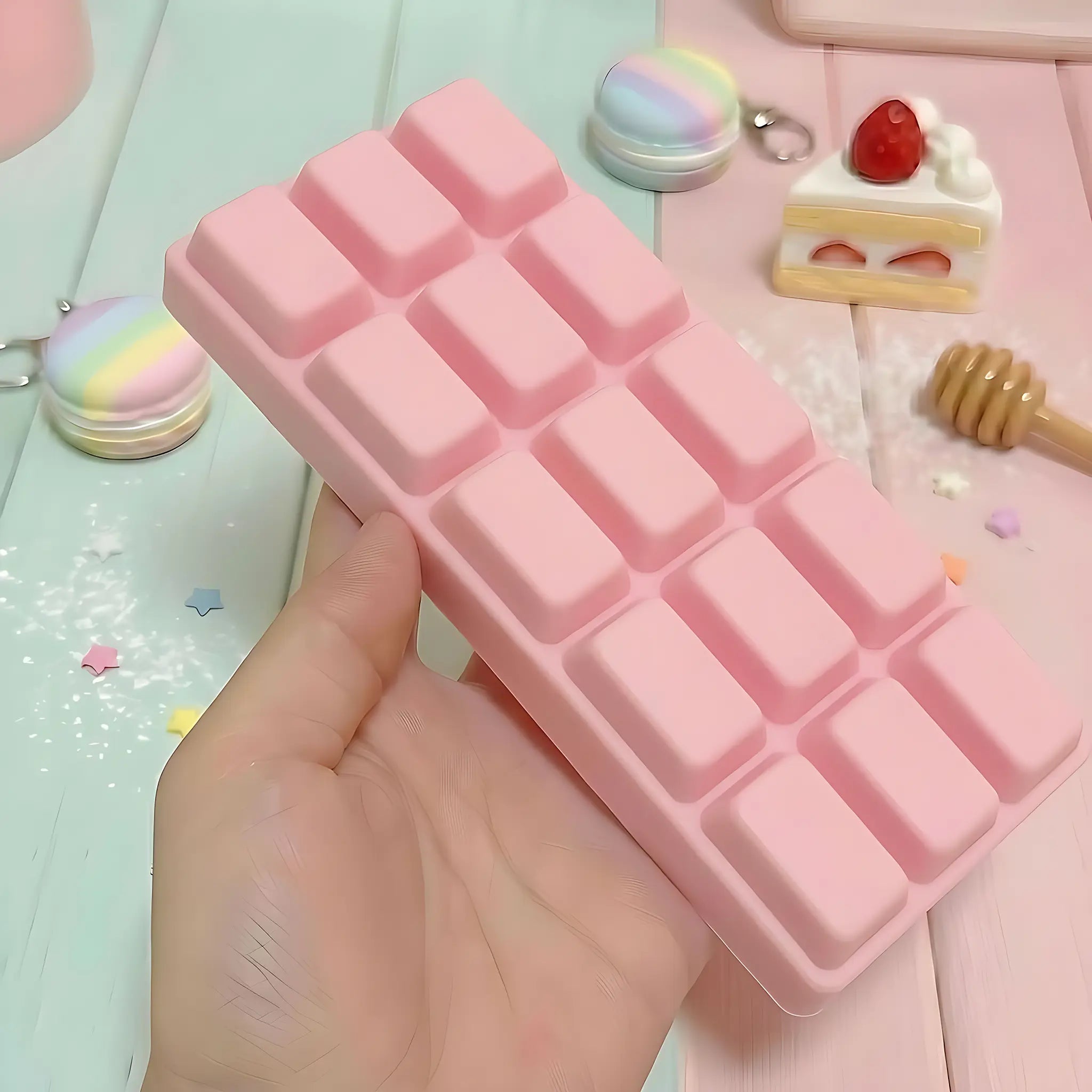 Pink chocolate bar squishy displayed on a pastel surface surrounded by sweet accessories