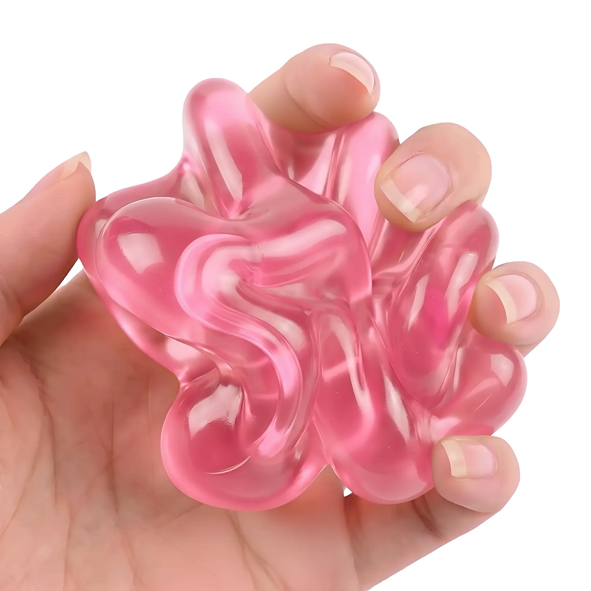Hands squeezing a translucent pink coconut oil stress ball showing its satisfying texture by MimiSquishy