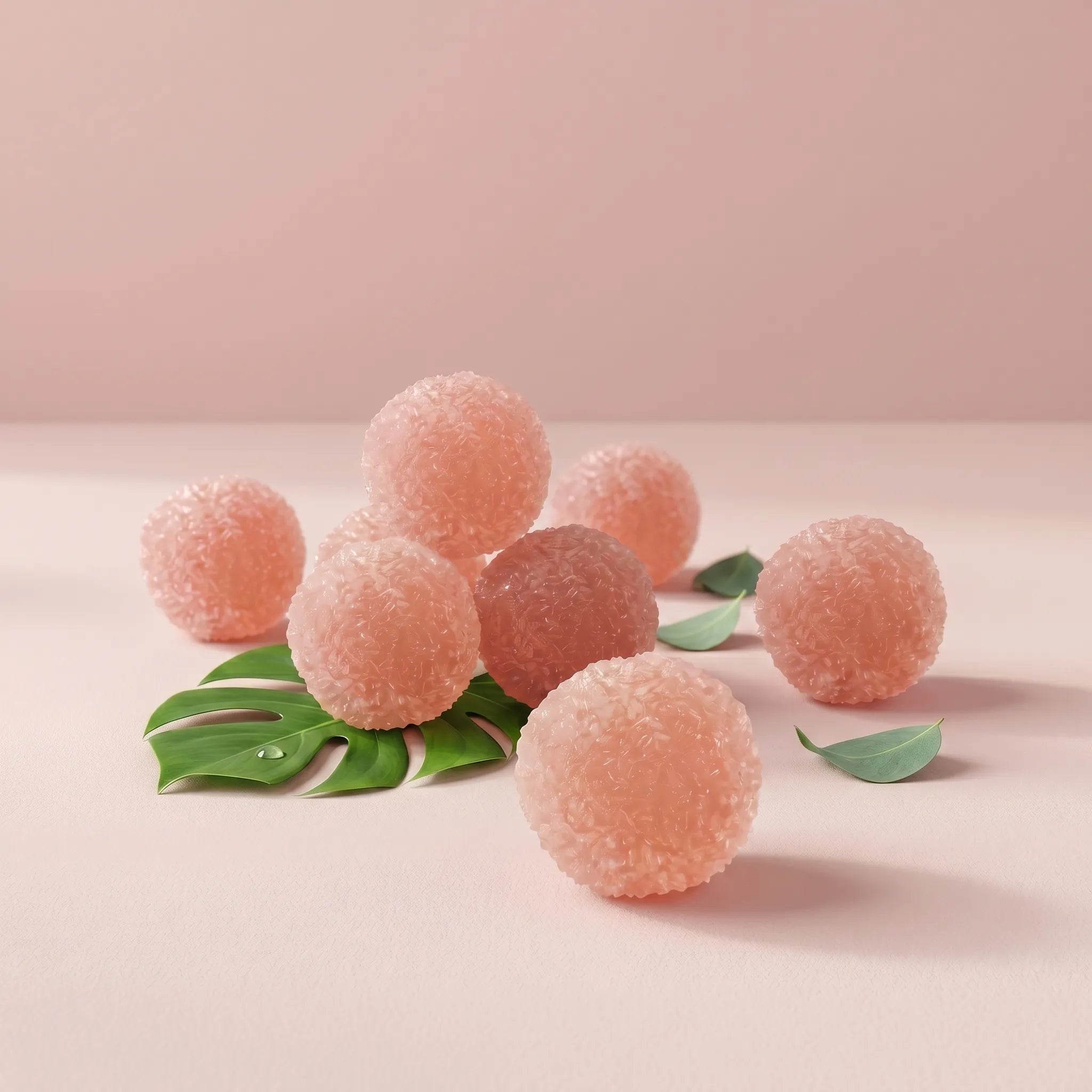 Pink crystal mochi ball squishy displayed on a minimal pastel surface with soft pink lighting reflecting its crystal texture