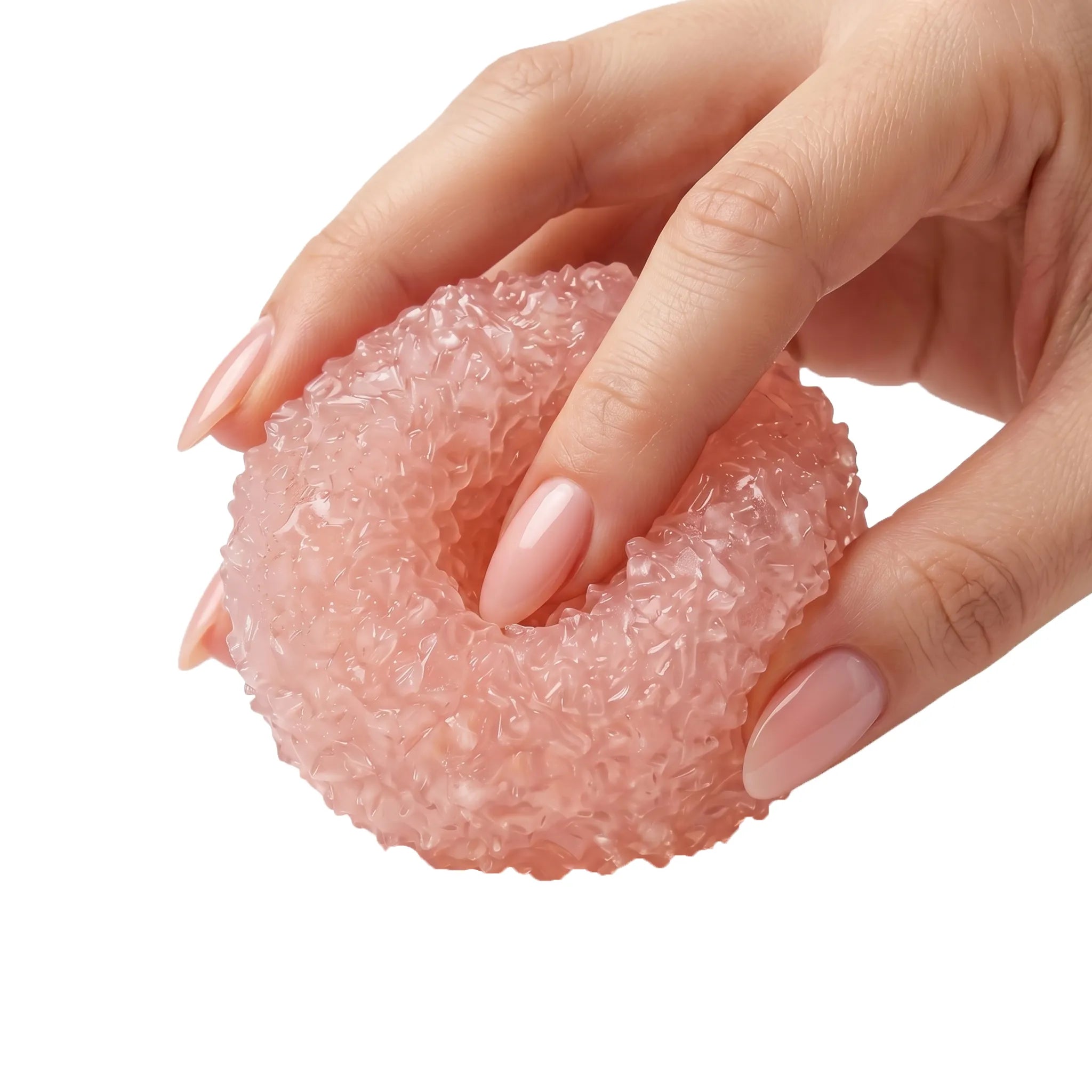 Pink crystal mochi ball squishy toy being pressed and squeezed on white background by MimiSquishy