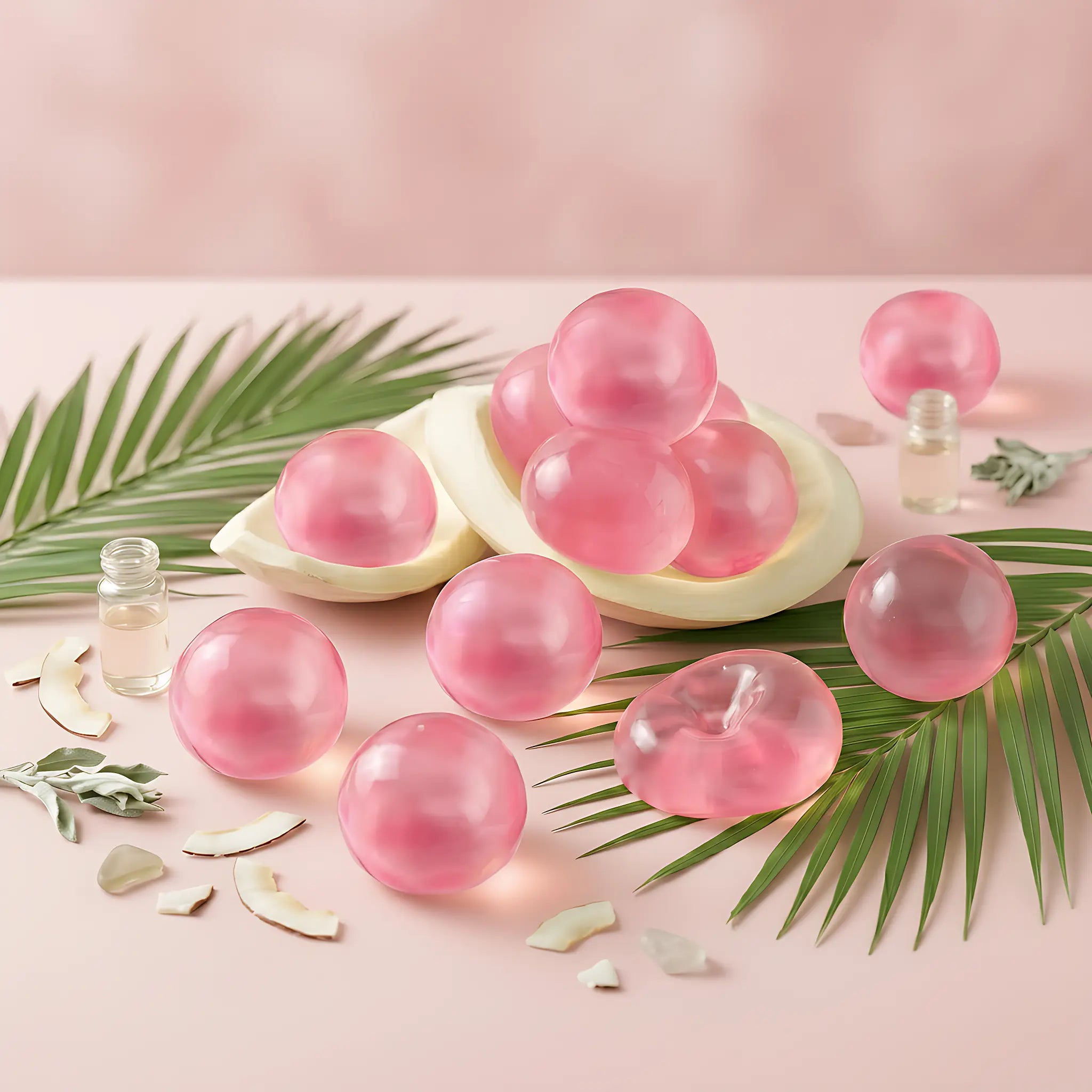 Pink coconut oil stress ball displayed on a minimal pastel surface with soft pink lighting around it