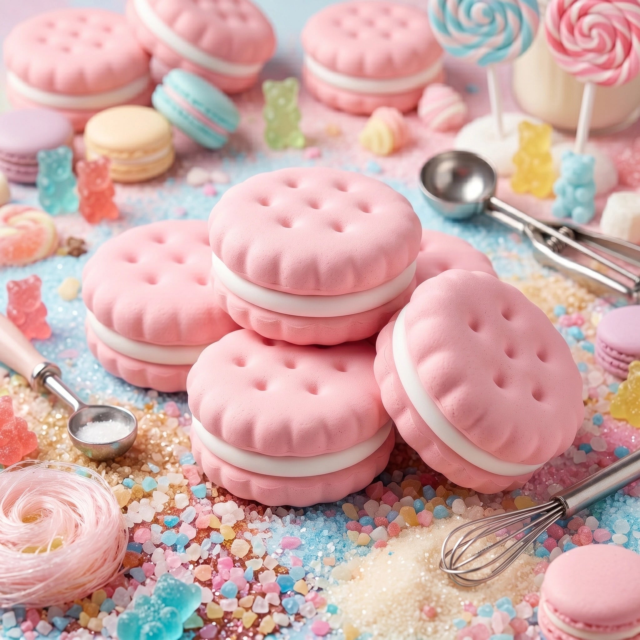 Pink macaron squishy displayed on a pastel table surrounded by macarons and sweet desserts