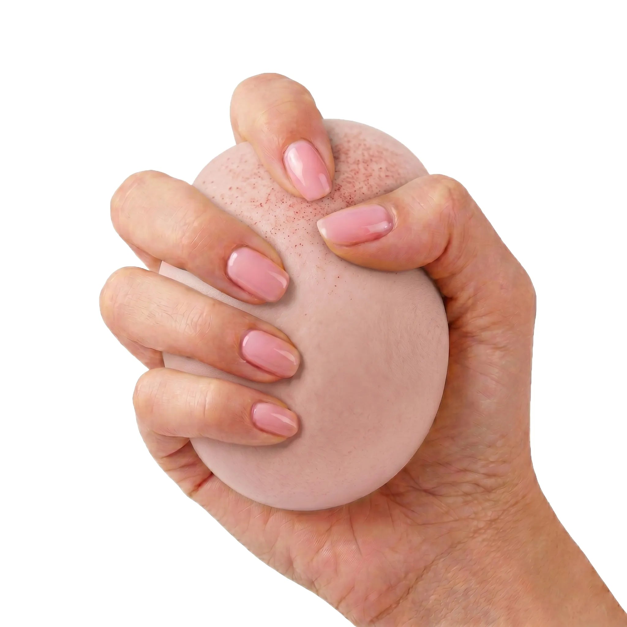 Pink sticky mochi bread squishy toy being pressed and squeezed on white background by MimiSquishy