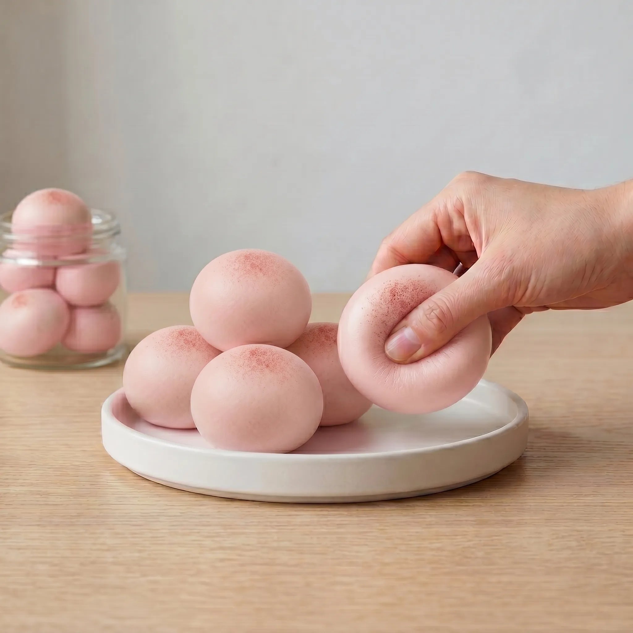Pink sticky mochi bread squishy displayed on a soft pastel surface surrounded by cute kawaii breakfast accessories