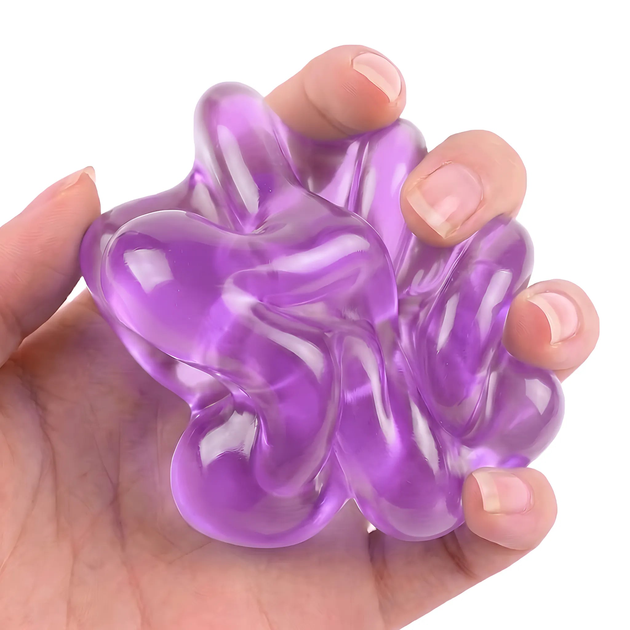 Hands squeezing a translucent purple coconut oil stress ball showing its satisfying texture by MimiSquishy