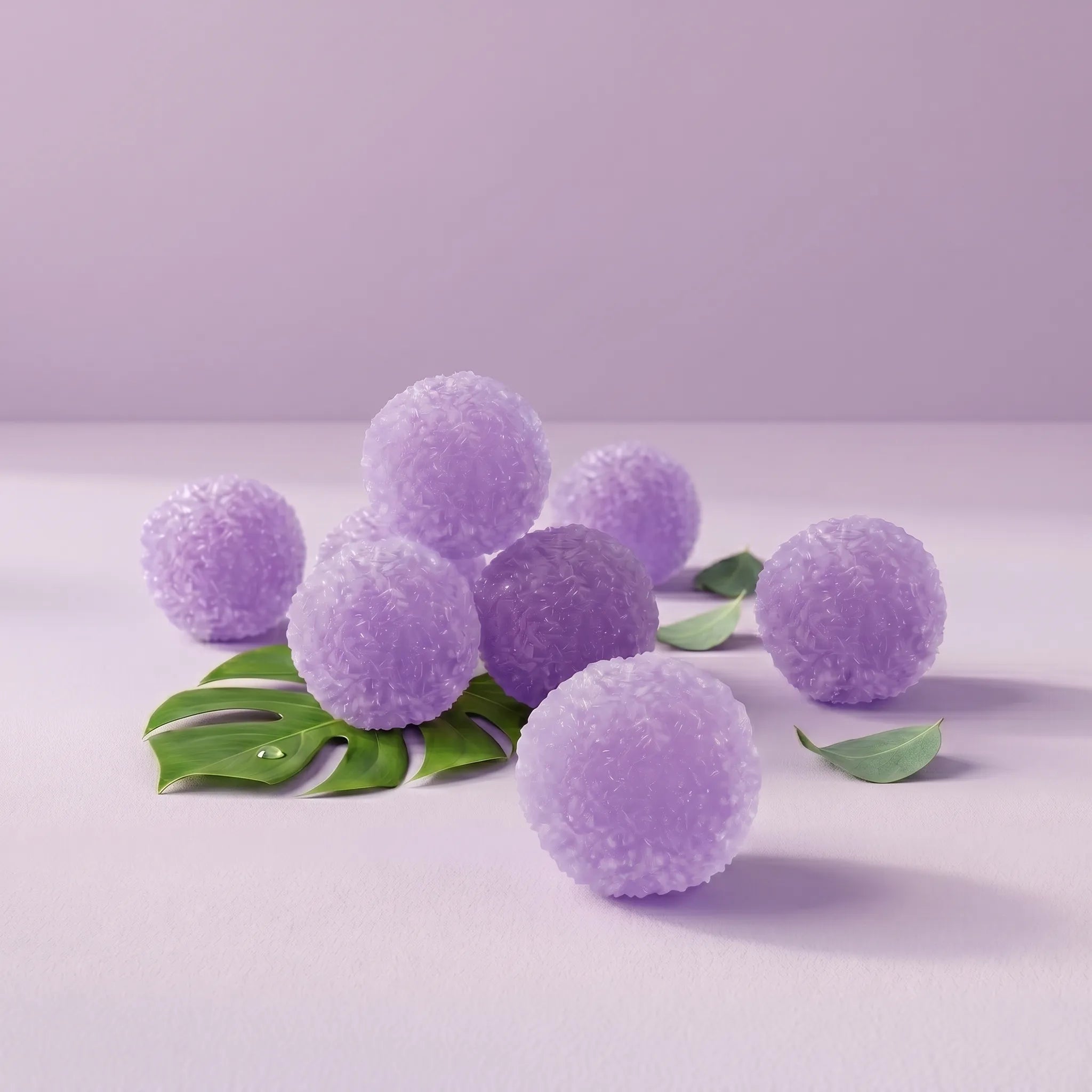 Purple crystal mochi ball squishy displayed on a minimal surface with soft purple lighting reflecting its crystal texture