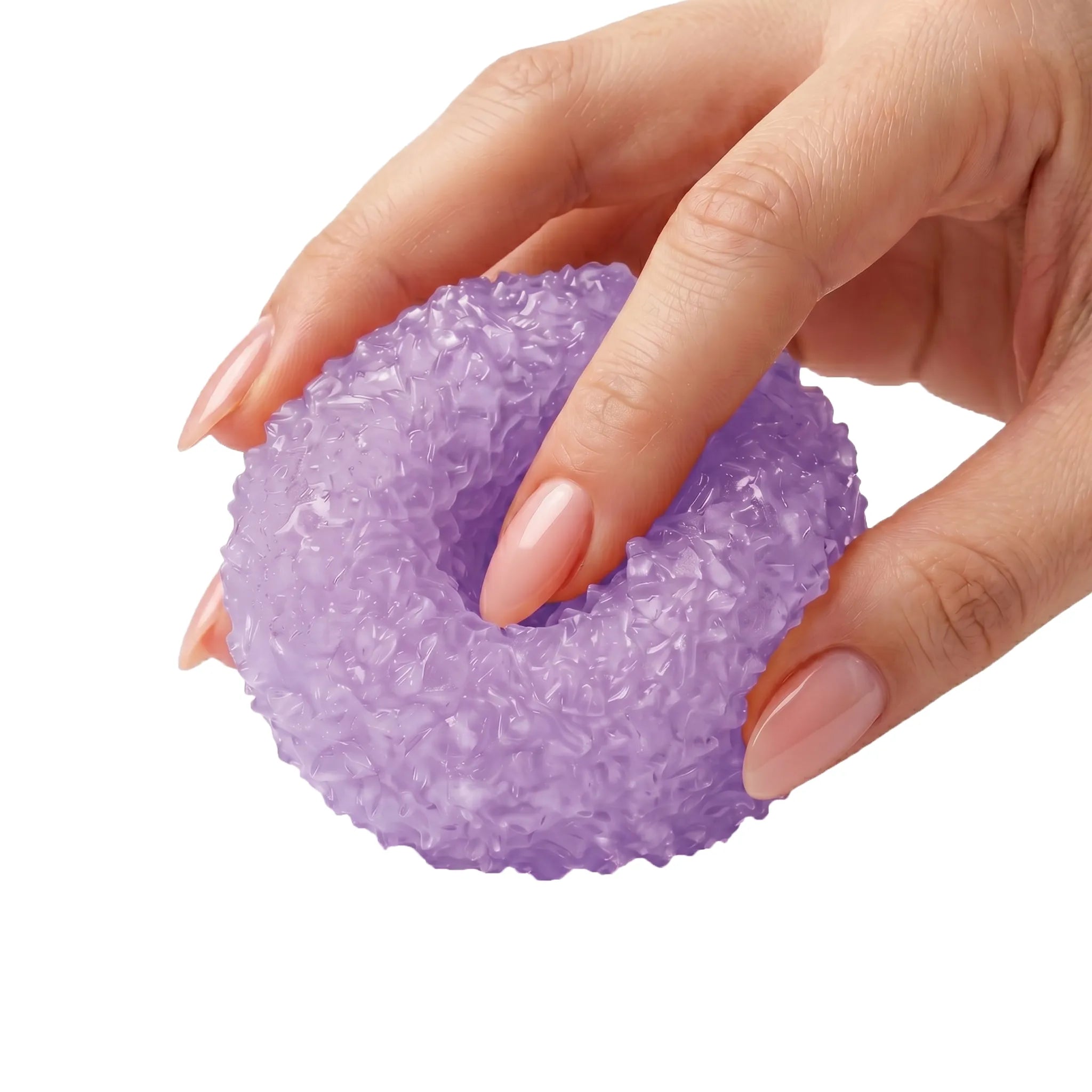 Purple crystal mochi ball squishy toy being pressed and squeezed on white background by MimiSquishy