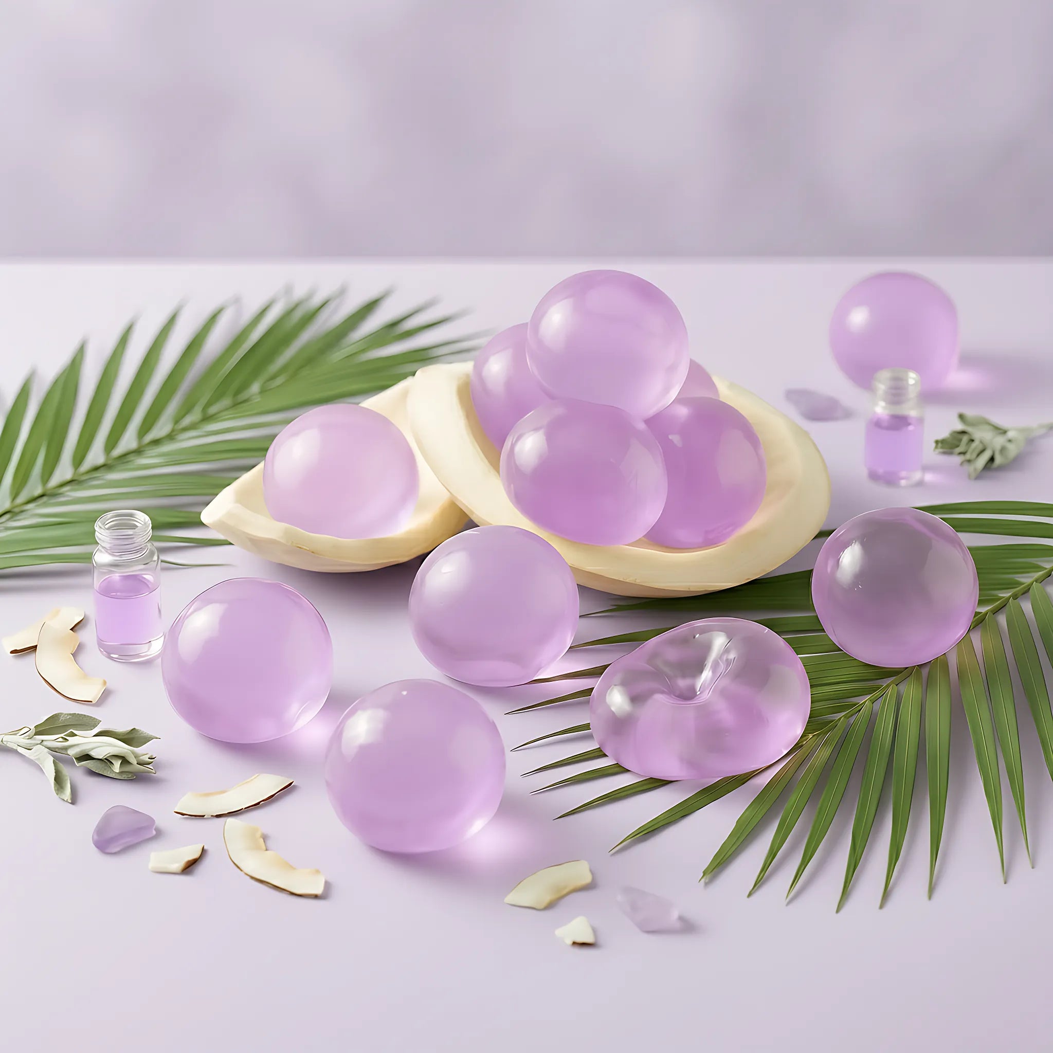 Purple coconut oil stress ball displayed on a minimal pastel surface with soft purple lighting around it