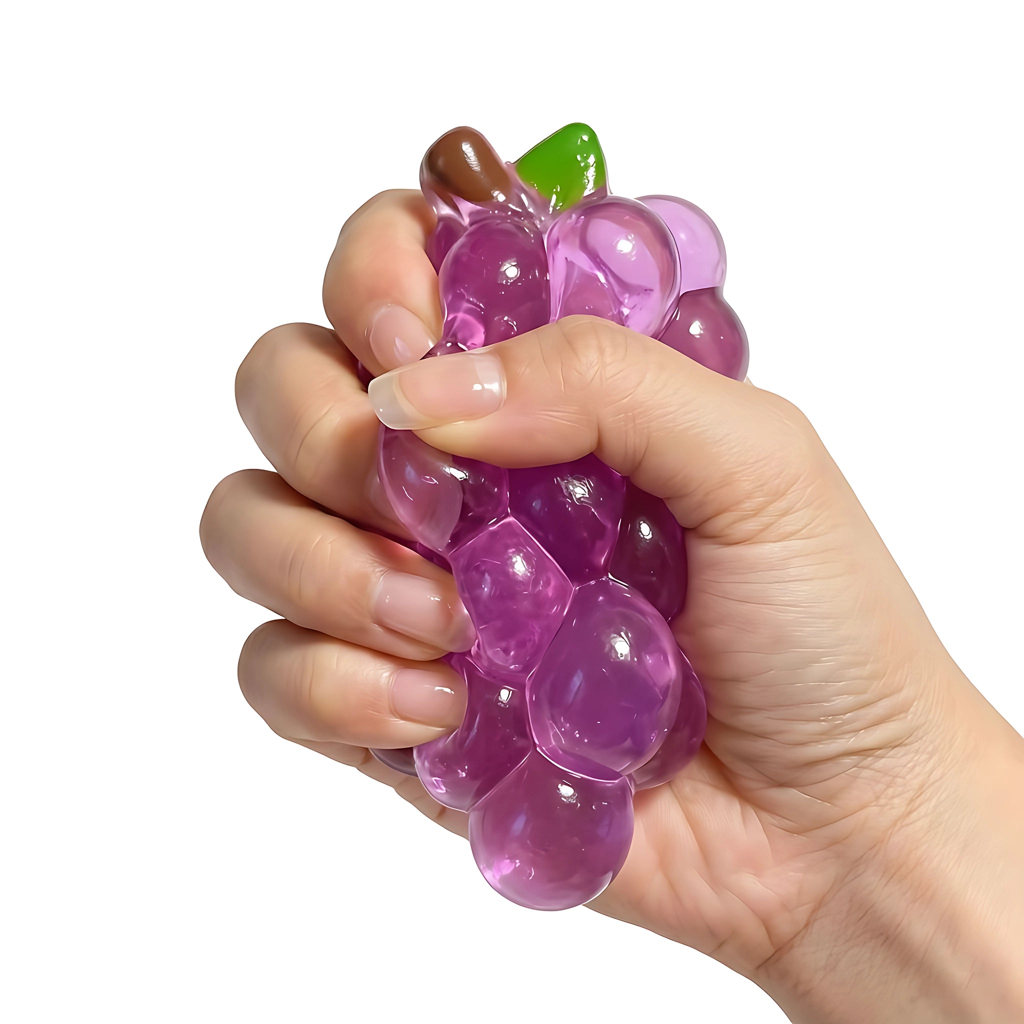 Purple grape bunch squishy toy being pressed and squeezed on white background by MimiSquishy