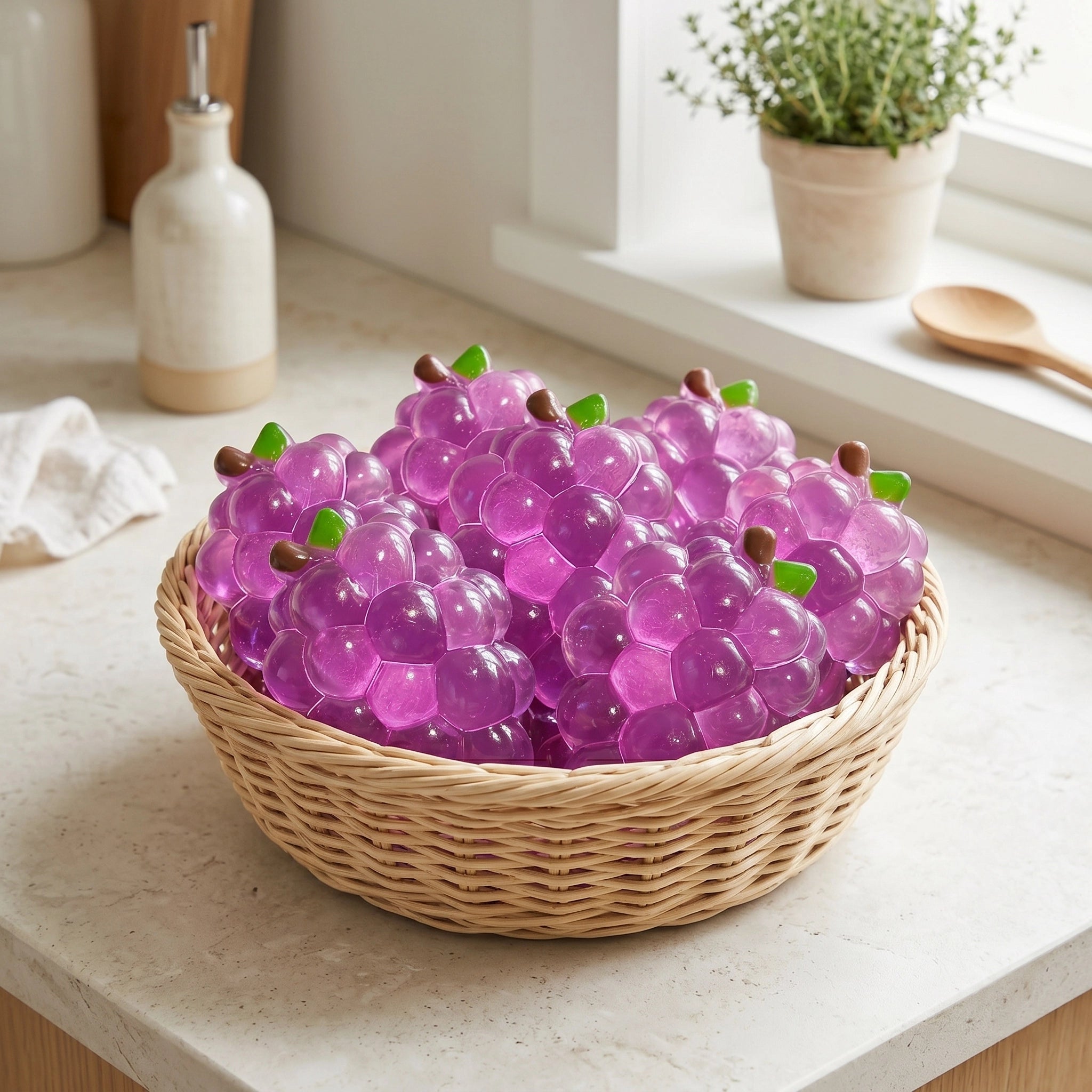 Purple grape bunch squishy displayed on a marble surface